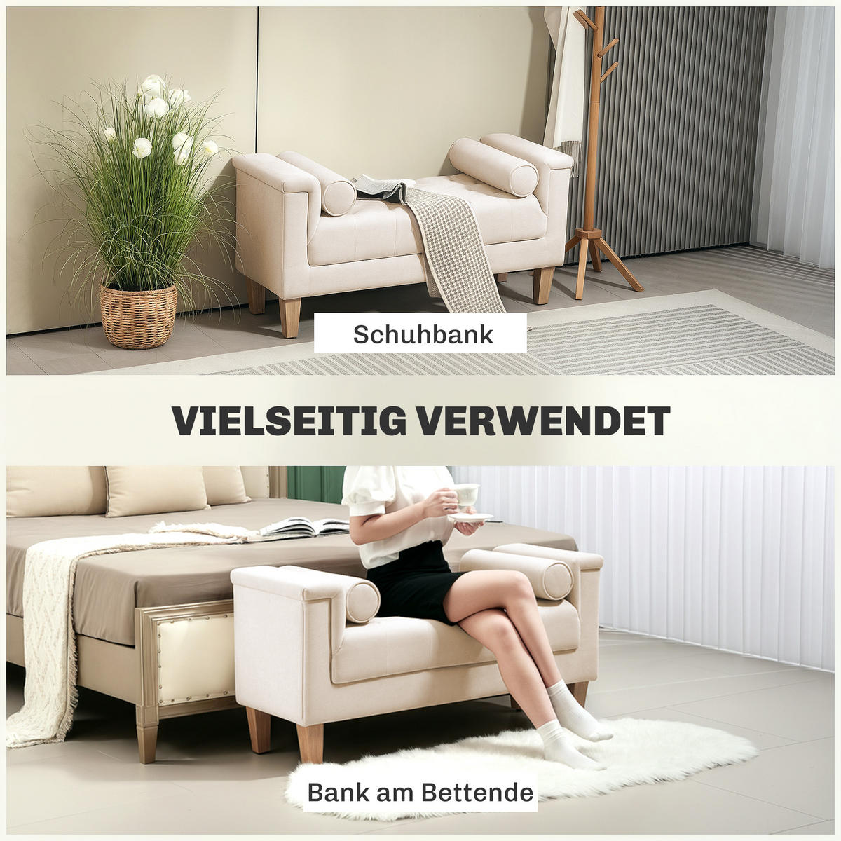 SITZBANK Polsterbank mit Chenille-Bezug, Armlehne, Holzrahmen 115x44x58 cm Beige - Beige, Textil (44/58/115cm) - HOMCOM