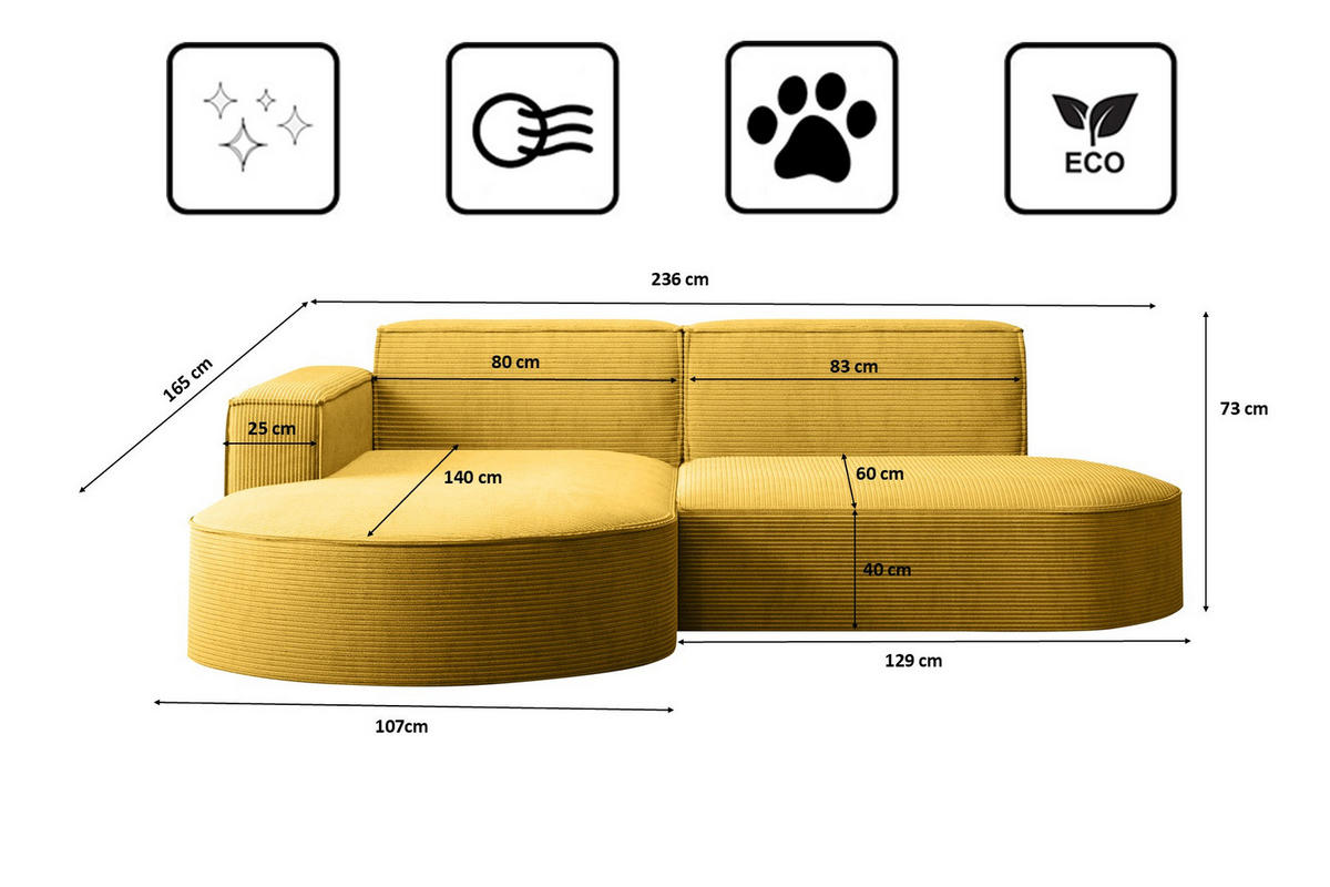ECKSOFA Modena Studio, Cord Stoff Gelb Links - Gelb, Holzwerkstoff/Textil (165/236cm) - Kaiser Möbel