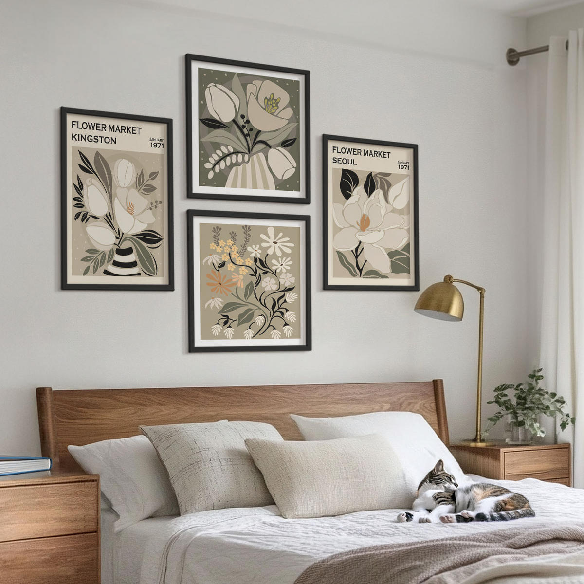 WANDBILDER 4er-Set - 50x50 cm & 40x60 cm Schwarzer Rahmen - Kingston Seoul Retro-Blumen - Schwarz, Kunststoff (50/50cm) - ArtPrintCave