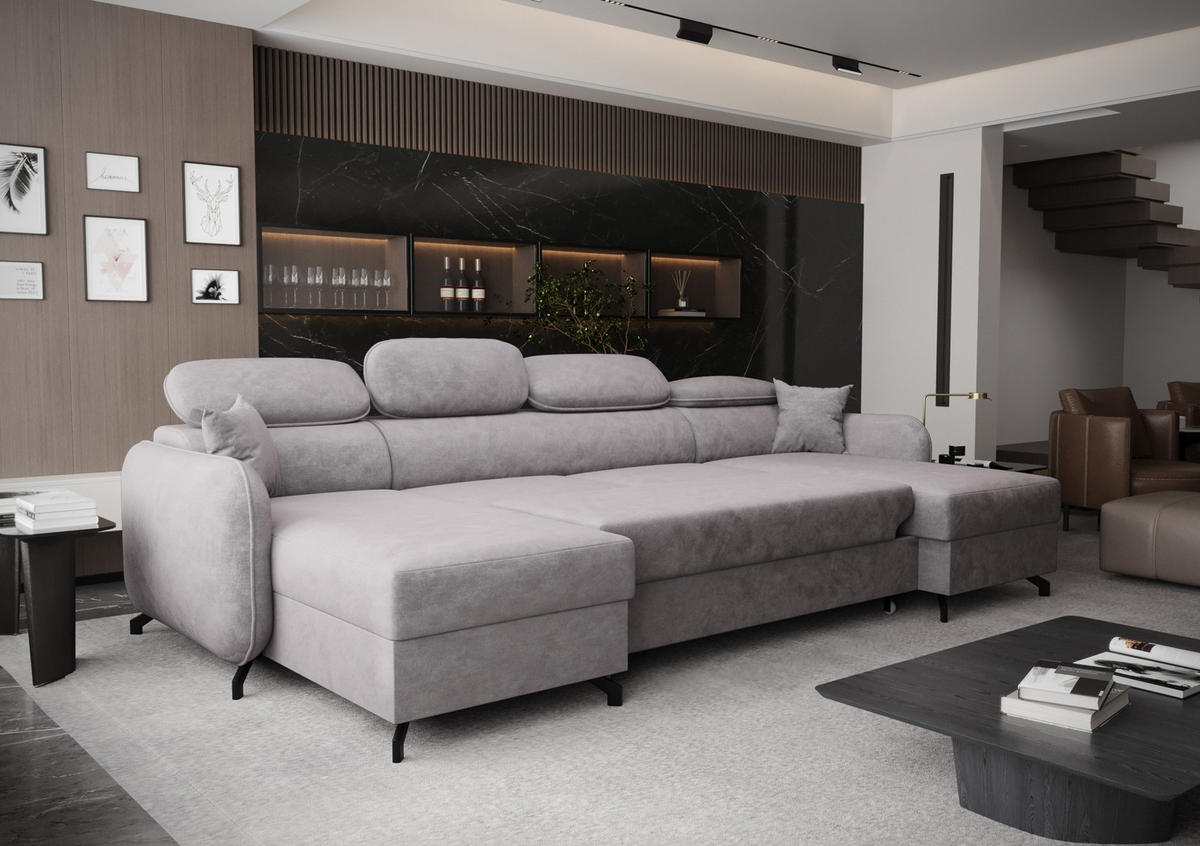 WOHNLANDSCHAFT Ribella 5 Grau 345/180/100 cm mit Schlaffunktion - Hellgrau/Schwarz, Textil/Metall (345/100/180cm) - AX Living