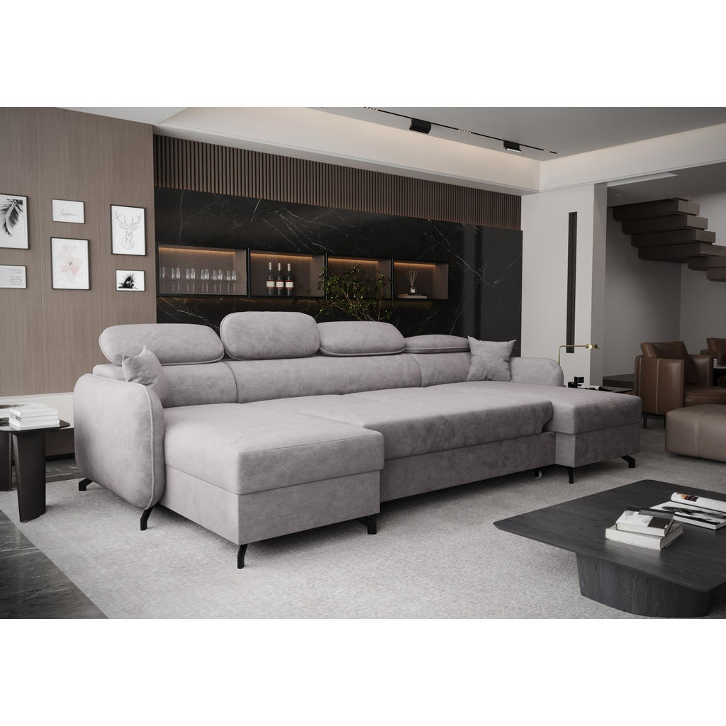 Thumbnail - AX Living Wohnlandschaft, Hellgrau, Textil, Uni, 4-Sitzer, Füllung: Polyurethan (Pur), U-Form,Rechteckig, Sockel, 345x10...