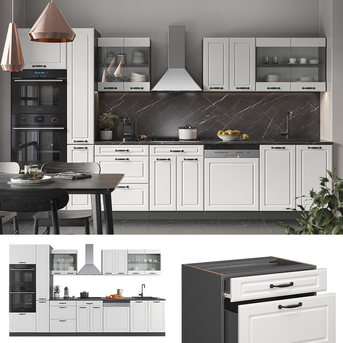 KÜCHENZEILE R-Line Weiß Landhaus/Anthrazit 350 cm mit Hochschrank ohne AP - Anthrazit/Creme, Holzwerkstoff (350/81.6/46cm) - Vicco