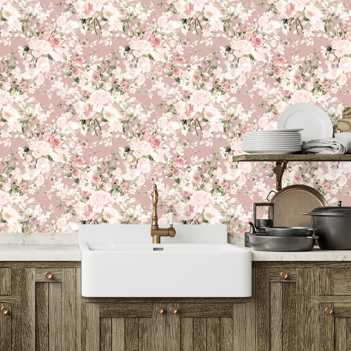 VLIESTAPETE Aquarellrosen im Vintage-Stil – Rosa, Weiß – 50x1000 cm - Rosa/Weiß, Papier (50/1000cm) - Muralo