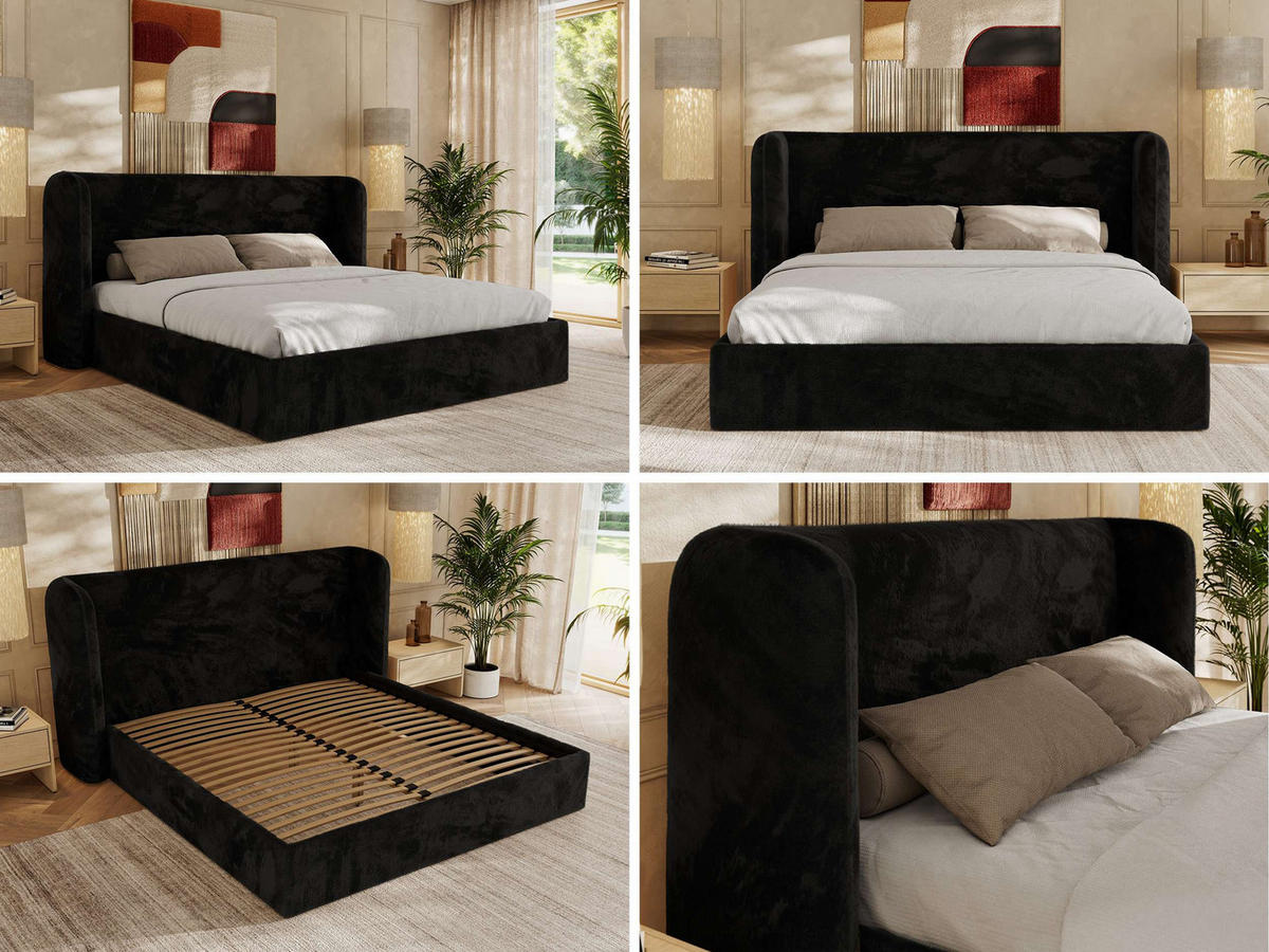POLSTERBETT EMORA CLASSIC 180/200 - Schwarz Plüsch - ohne Matratze - Schwarz, Textil (180/200cm) - MKS