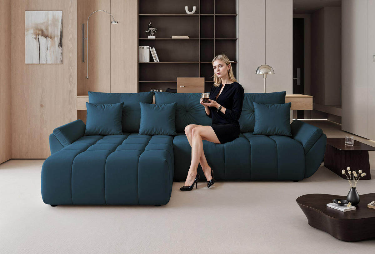 ECKSOFA ARO mit Schlaffunktion und Bettkasten Marineblau - Dunkelblau, Holzwerkstoff/Kunststoff (280/190cm) - Idohome
