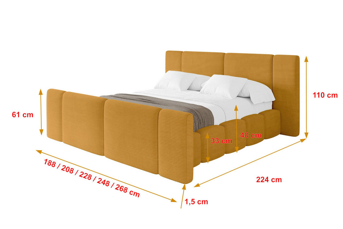 POLSTERBETT mit Bettkasten, Fußteil und Lattenrost, Bett mit Matratze H3/H4 - NILO-Z 200x200 Senfgelb - Currygelb, Holzwerkstoff/Textil (200/200cm) - ALTDECOR