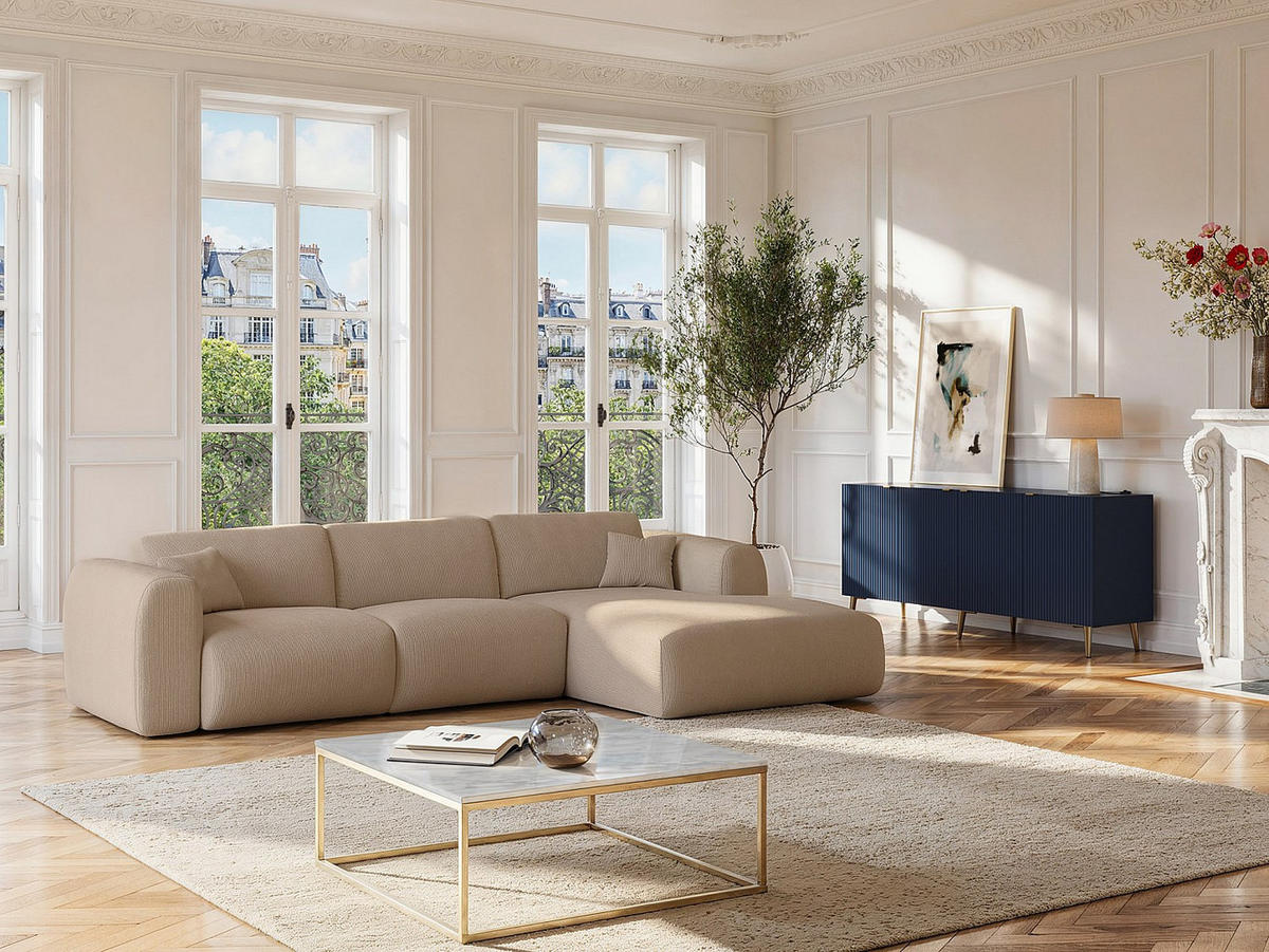 SOFA ohne Schlafmöglichkeit - 5 Personen - Samt, Stoff - Beige - - Beige, Textil (280/165cm) - Vente-Unique