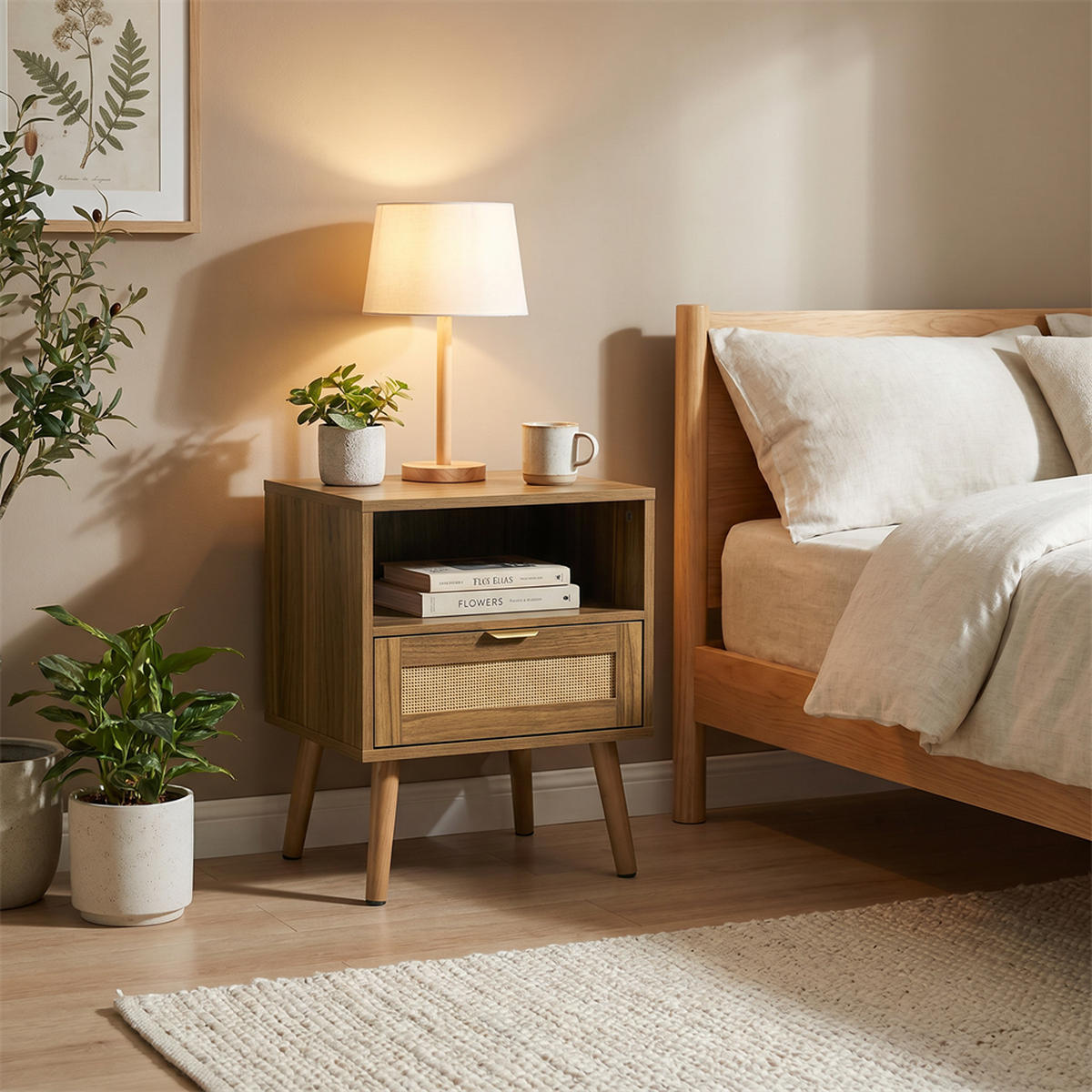 NACHTTISCH aus Rattan in Walnussoptik mit Goldgriff - offenem Regal und 1 Schublade - 45 x 40 x 55 cm - Walnussfarben, Holzwerkstoff (45/55/40cm) - DELFA
