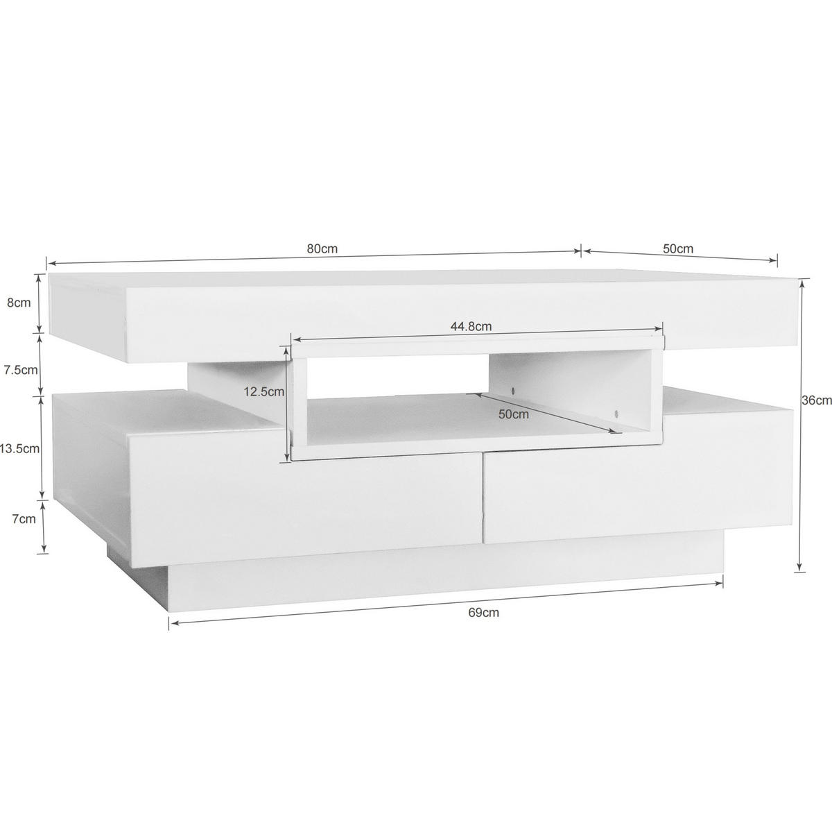 COUCHTISCH 80/50/36 cm weiß aus Spanplatte mit LED-Lichtleiste und Stauraum - Weiß, Holzwerkstoff (80/50/36cm) - OKMYHOME