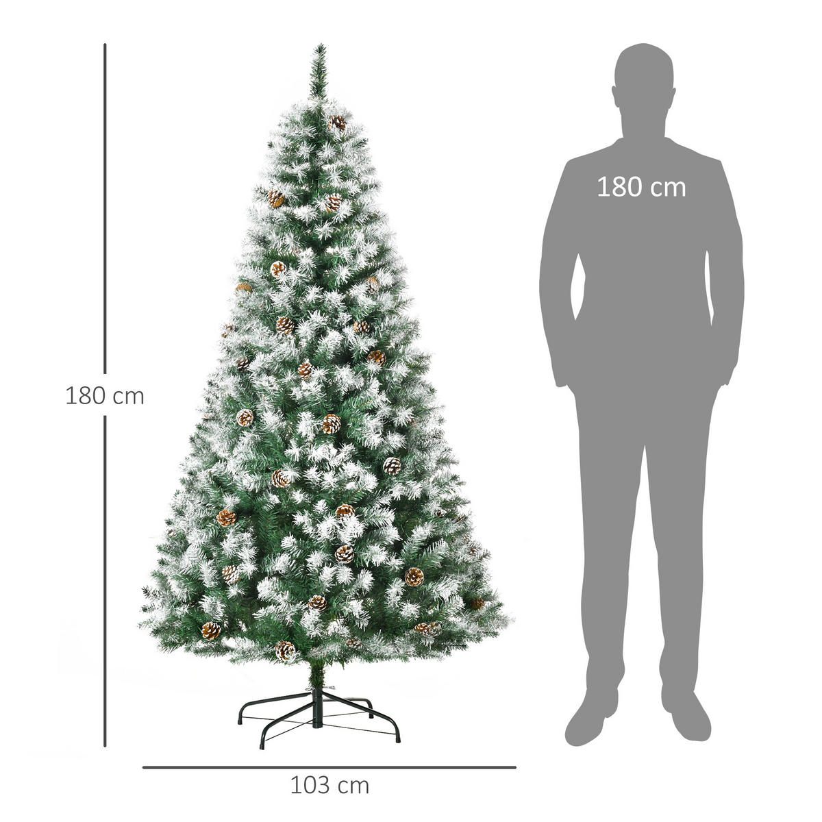 KÜNSTLICHER Weihnachtsbaum, 180 cm Christbaum mit Kunstschnee, Indoor - Weiß/Grün, Kunststoff/Metall (180cm) - HOMCOM