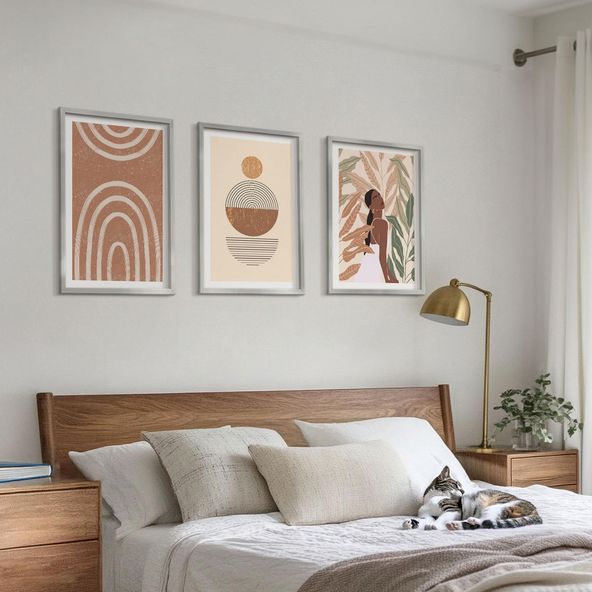 WANDBILDER 3er Set - 40x60 cm Silberner Rahmen - Stilvolle Pflanzenmuster und Geometrie - Silberfarben, Kunststoff (40/60cm) - ArtPrintCave