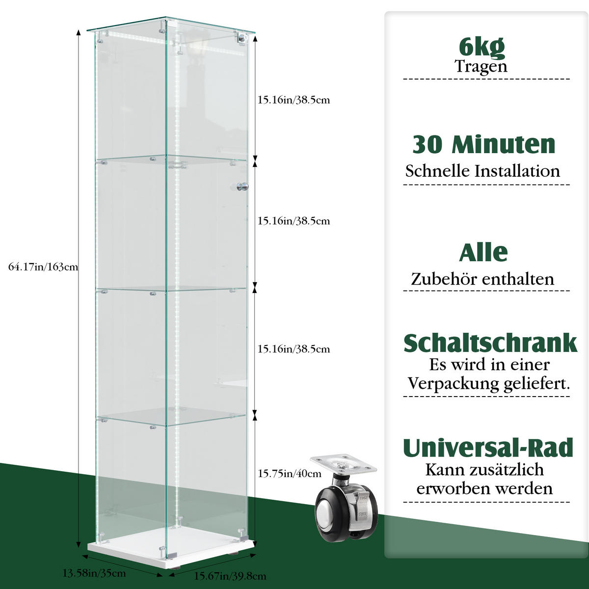 VITRINE Glas LED, Einzeltür, 4 Regale, mit Schloss - Weiß, Holz (35/163/39.8cm)