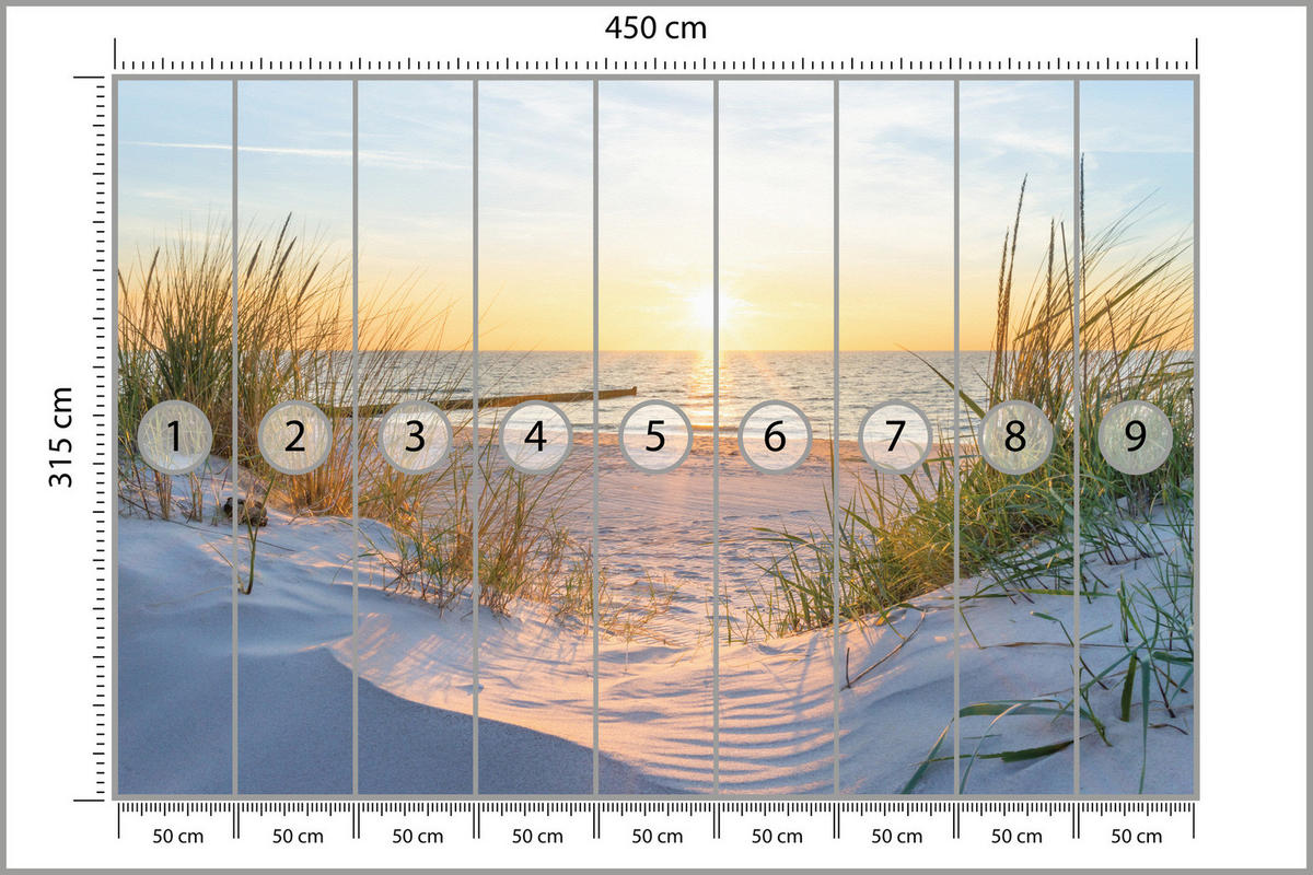 FOTOTAPETE Strand Meer Sonnenuntergang Landschaft 3D 450x315 - Blau/Gelb, Papier (450/315cm) - Muralo