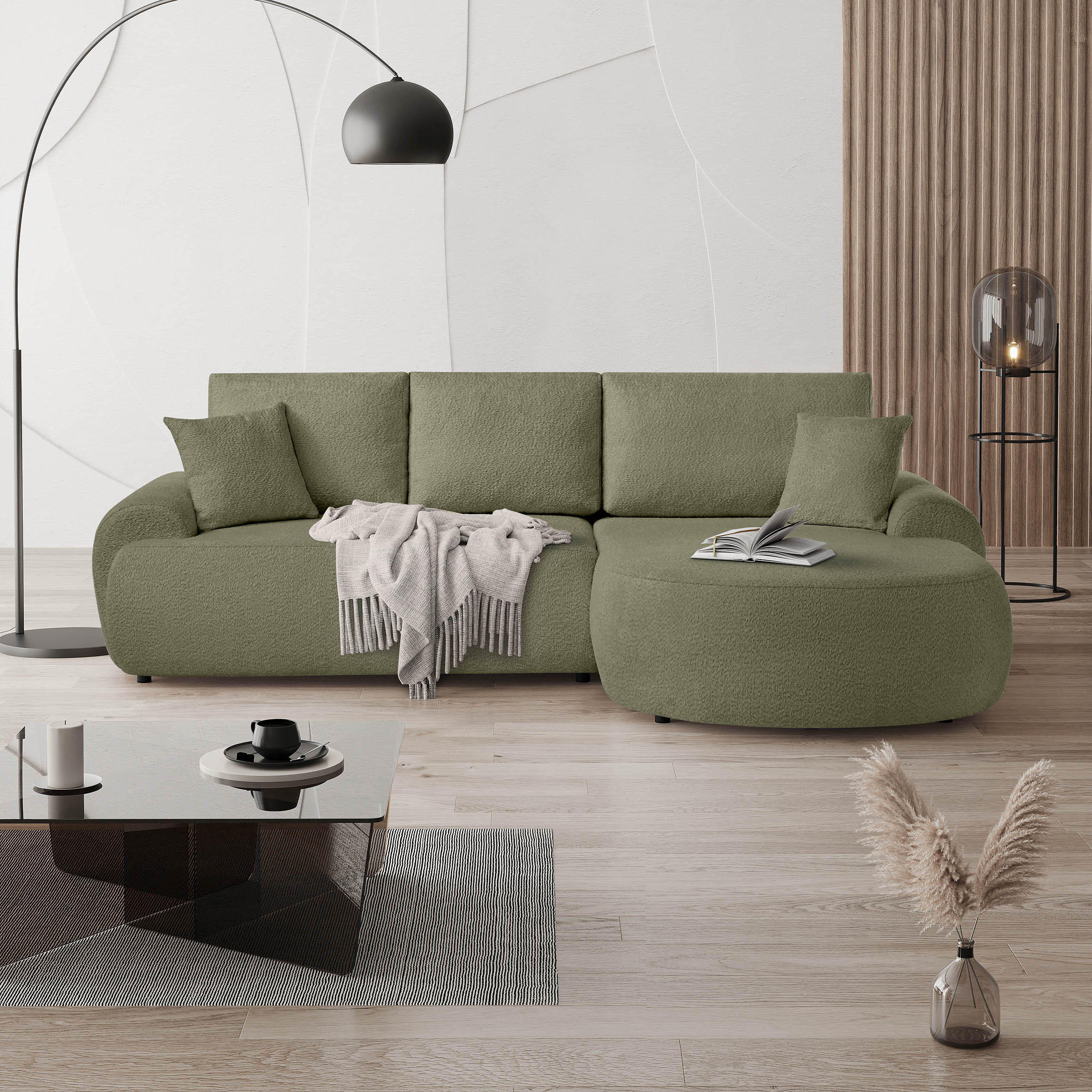 ECKSOFA Teddy L Hellgrün, Bouclé-Stoff, rechts - Schwarz/Hellgrün, Textil (270/170cm) - Beautysofa