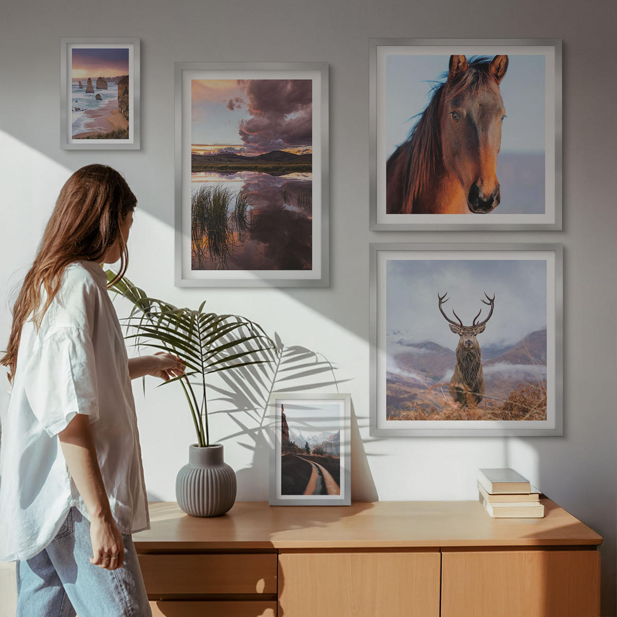 WANDBILDER 5er Set - 50x50 cm & 20x30 cm & 40x60 cm Silberner Rahmen - Berglandschaften, Rentiere, Pferdestraße - Silberfarben, Kunststoff (40/60cm) - ArtPrintCave