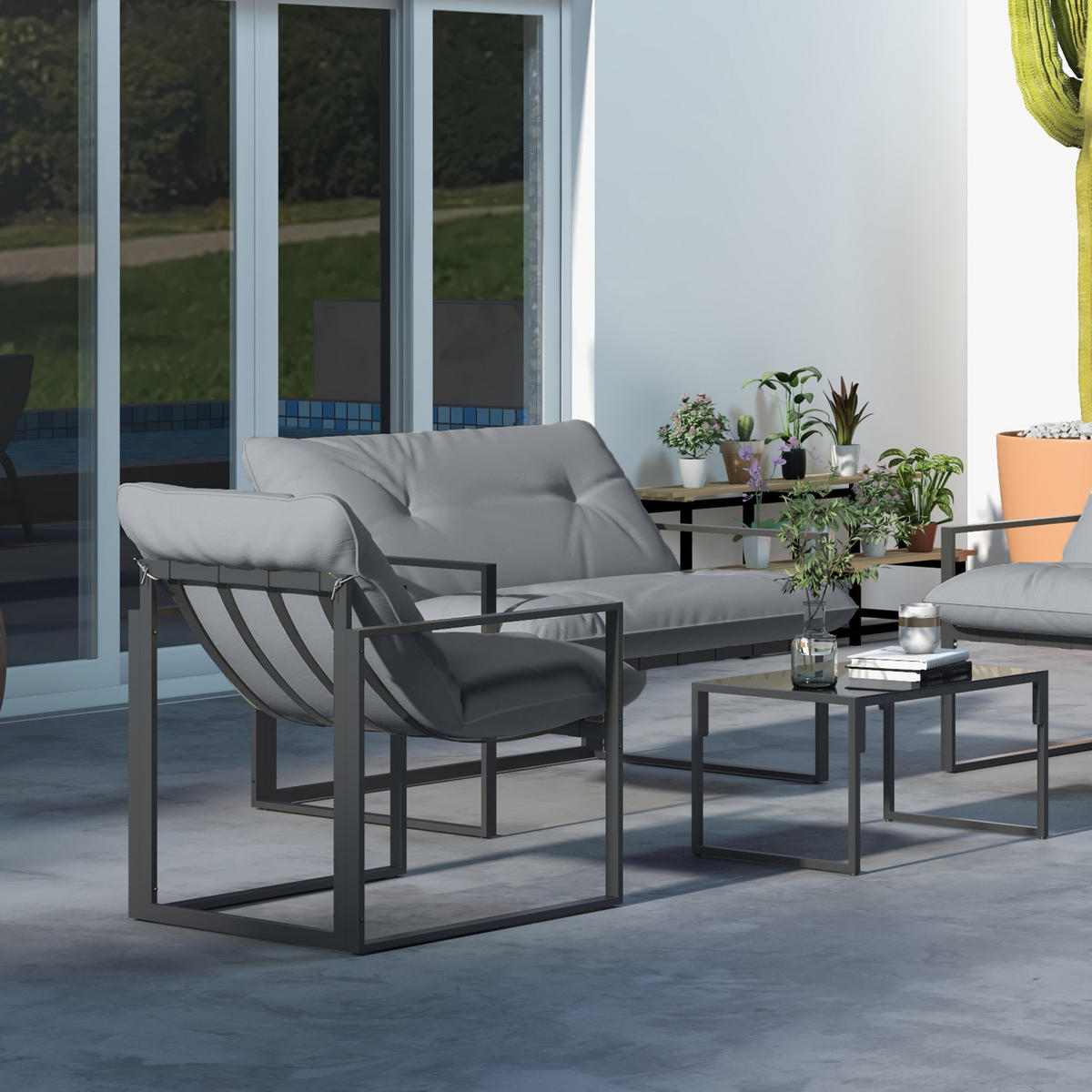 GARTENMÖBEL-SET, Stahl, Grau+Schwarz - Multicolor, Metall - Outsunny
