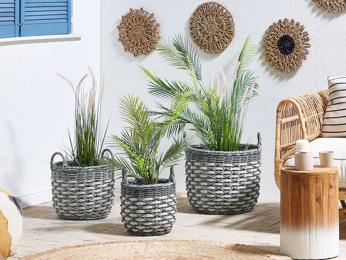BLUMENKORB 3er-Set Rattan grau/weiß rund 49-37/39-30/31-24 cm Gefira - Weiß/Grau, Kunststoff (50cm) - Beliani