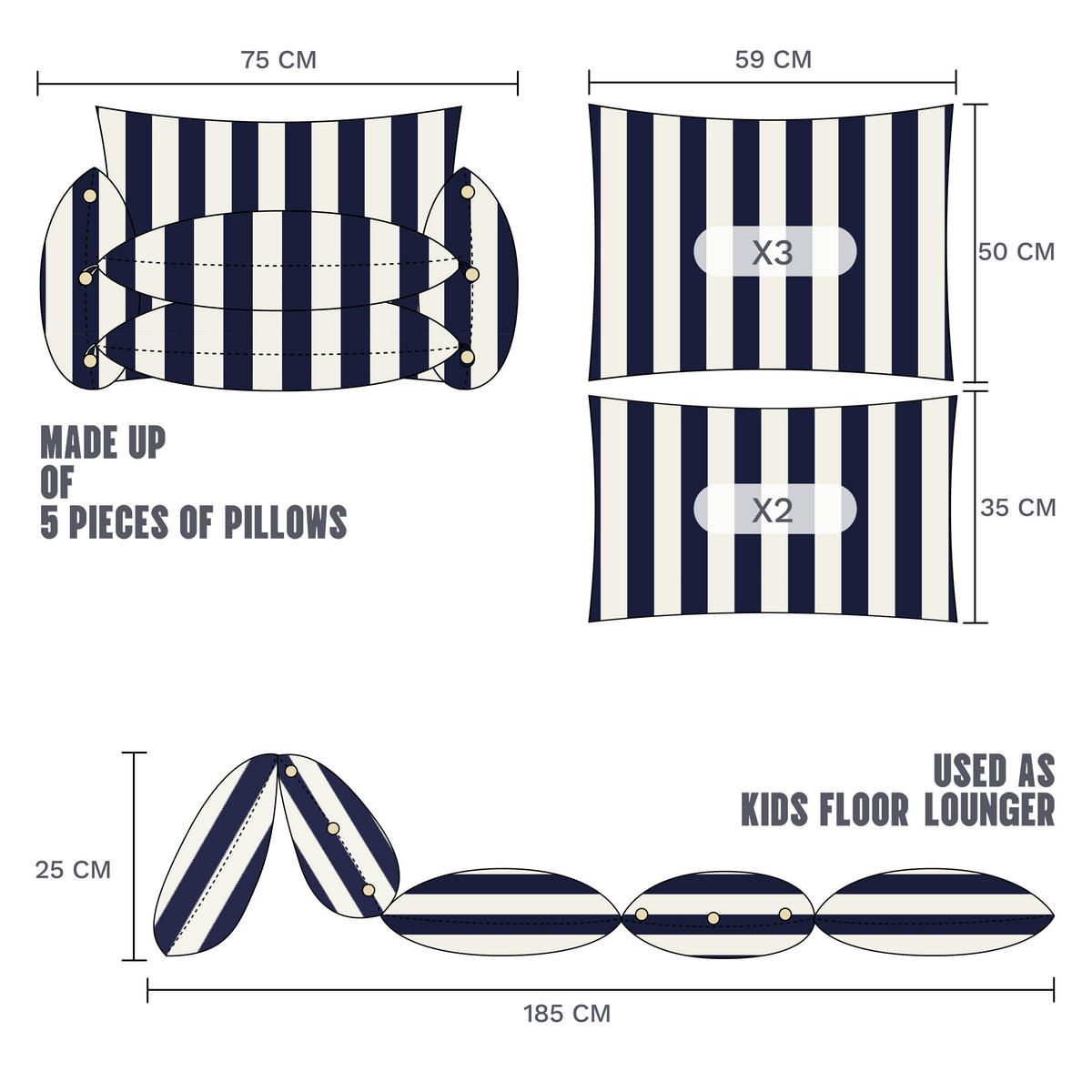 BODENKISSEN für Kinder Streifen - Blau/Weiß, Textil (80/55/65cm) - Vercart