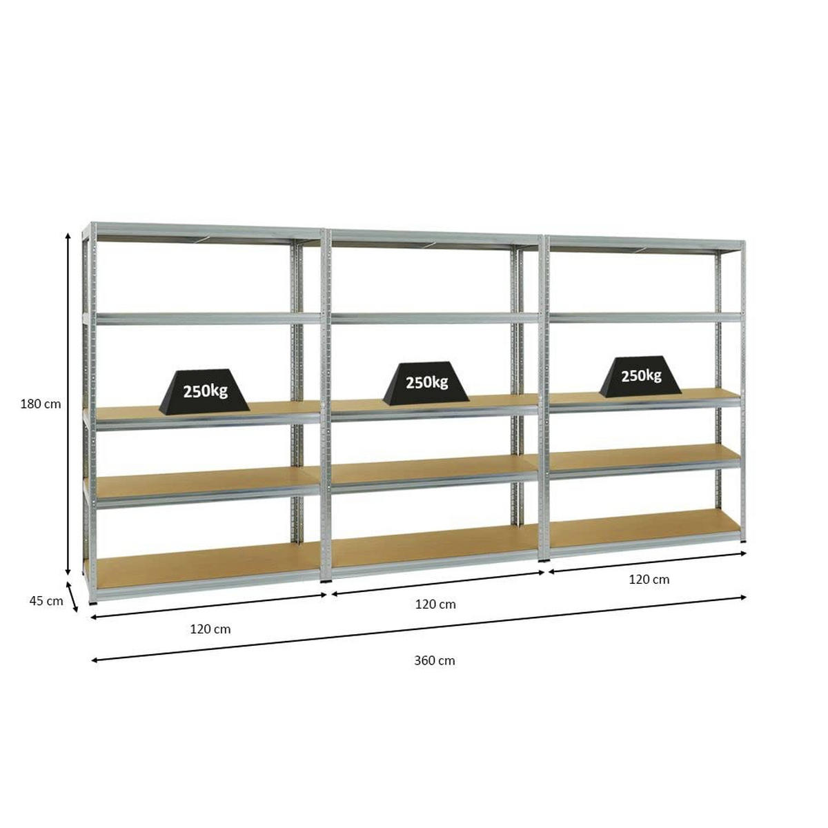 SCHWERLASTREGAL Big Elephant S 3er-Set mit 3x 180x120x45 cm Fachlast 250 kg Verzinkt - Silberfarben, Metall (360/180/45cm) - PROREGAL