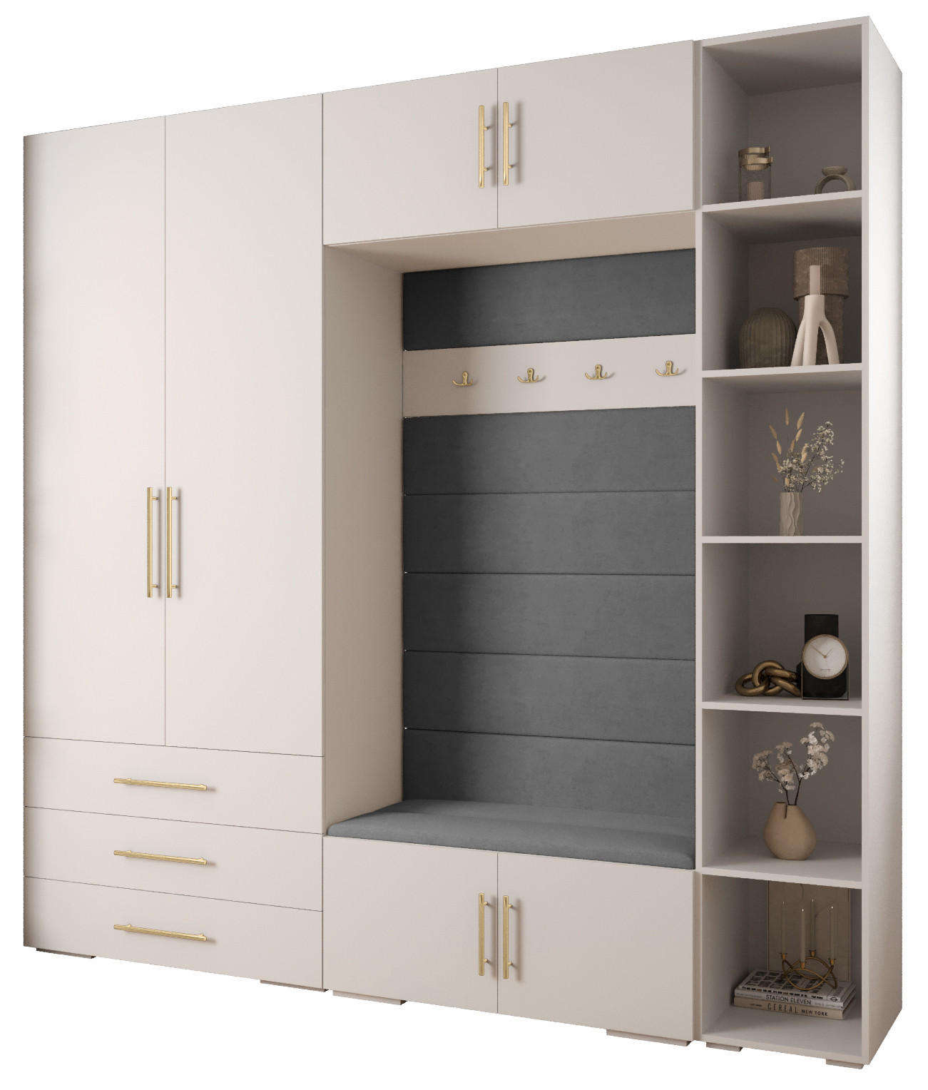Abiks Möbel Garderoben-Set Weiß, Grau, Gold 240x236.7x47 cm