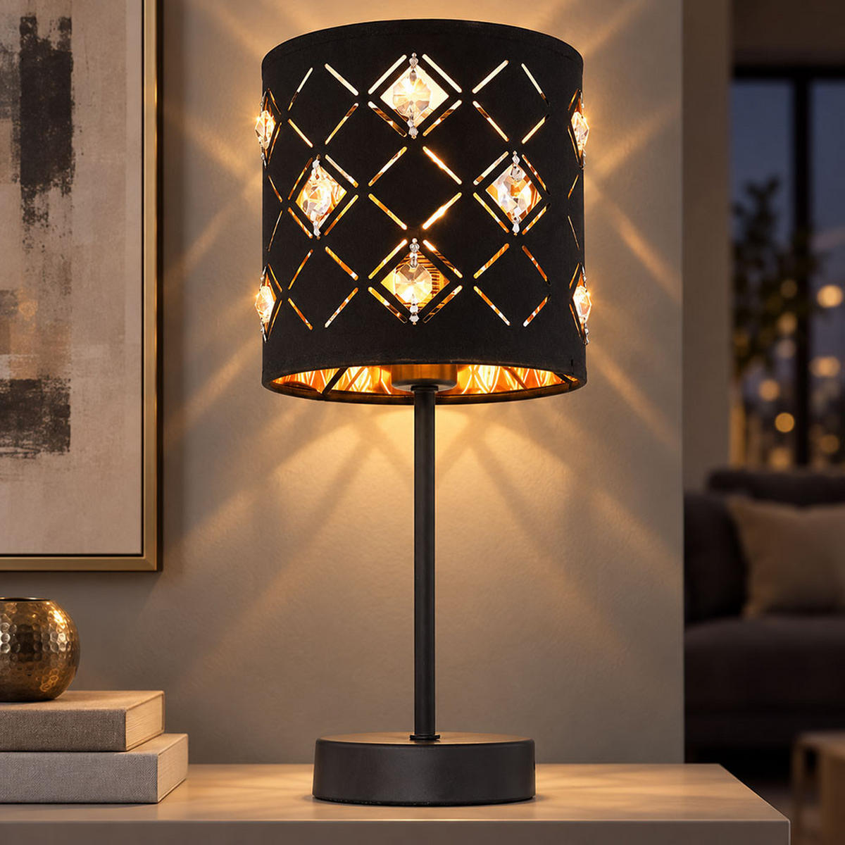 TISCHLEUCHTE Metall Schwarz Gold Kristalloptik - Schwarz, Metall (15/15/35cm) - Globo Lighting