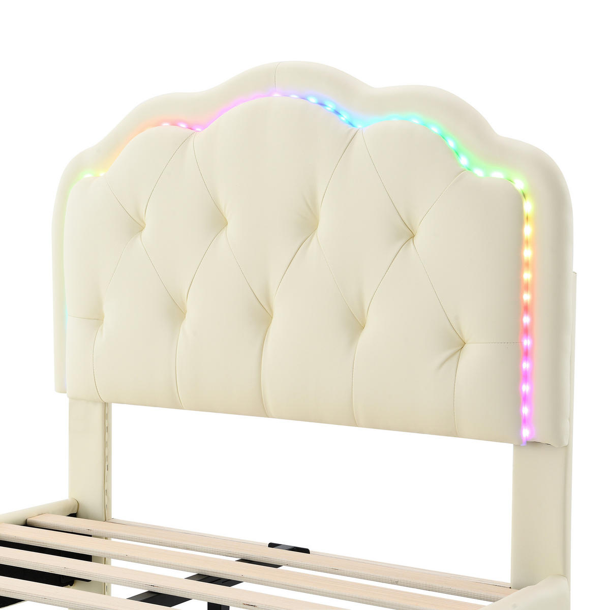 KINDERBETT 90/200 cm DE-04274, mit wellenförmigem Kopfteil, LED und PU-Bezug, in Beige - Beige, Holzwerkstoff/Metall (90/200cm) - ComfortXL
