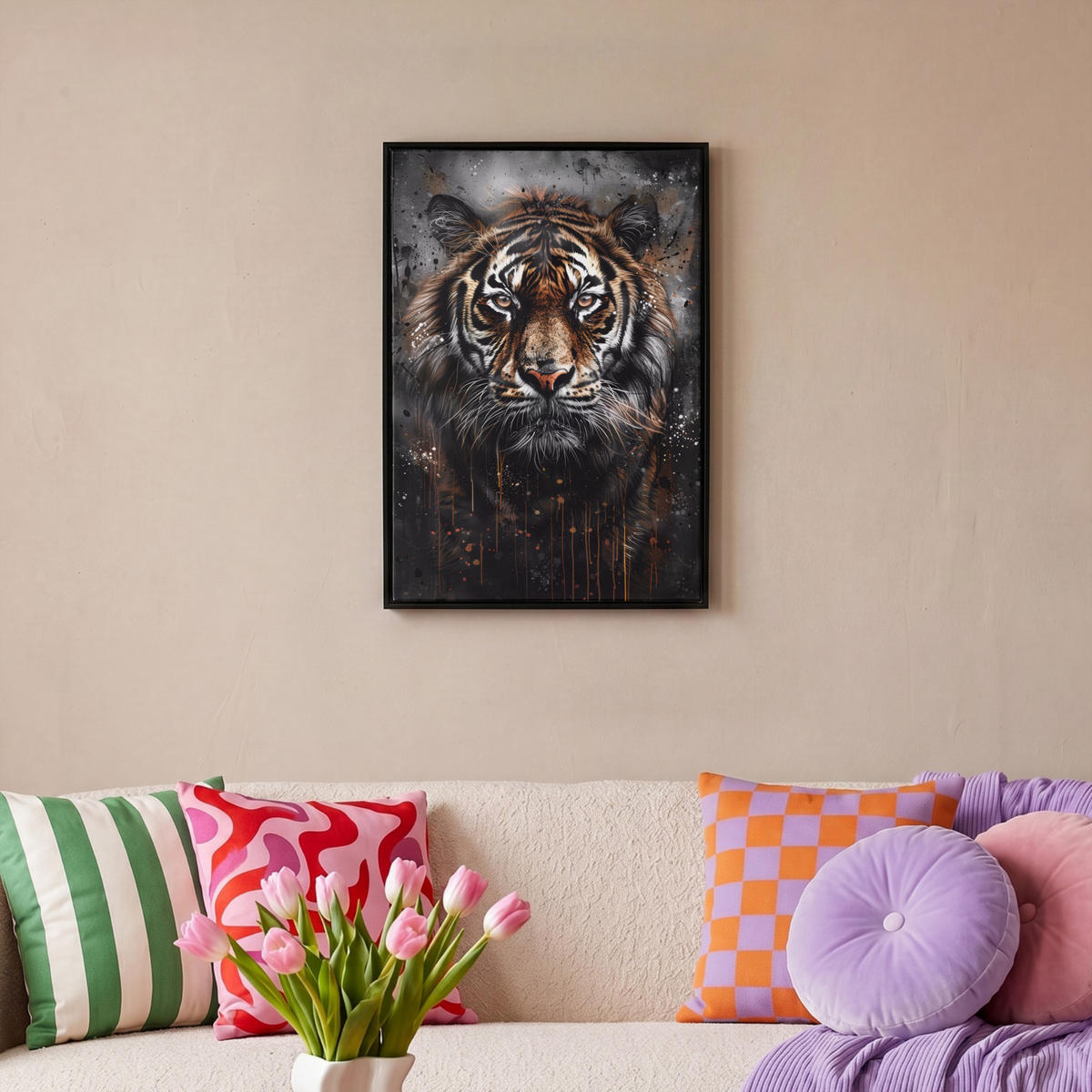 LEINWAND Bilder mit Rahmen - Tiger - Tiere - Porträt - Luxus - Schwarz - 40x60 - Braun, Textil (40/60cm) - MuchoWow