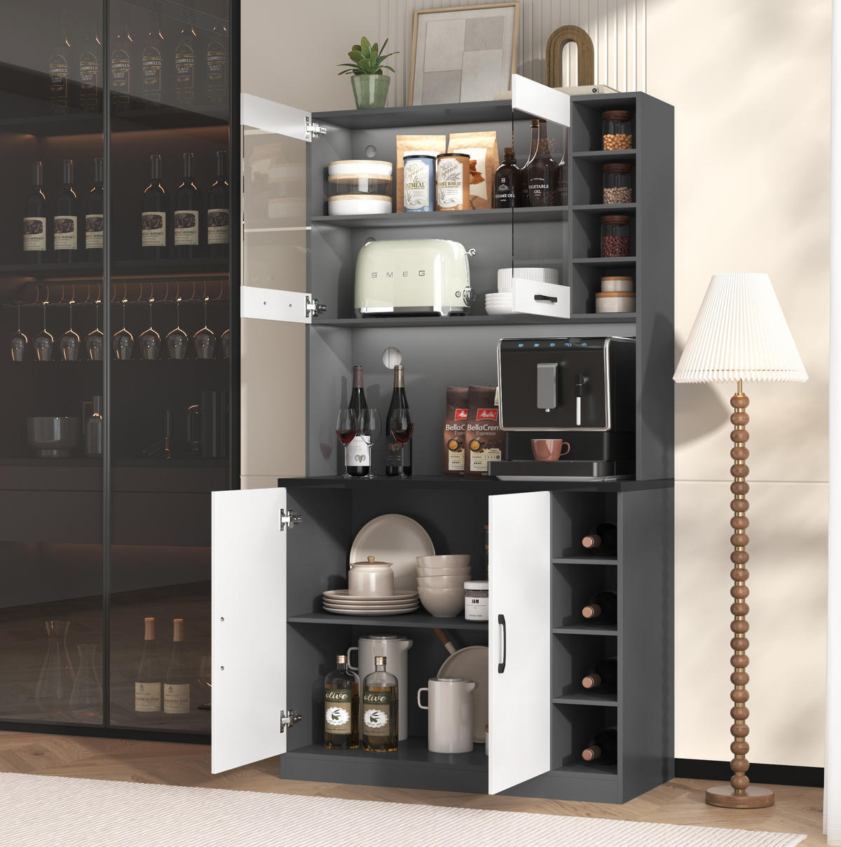 BUFFET Aufbewahrungsschrank 100x47x187cm Weiß mit Glas & LED Beleuchtung - Weiß, Holzwerkstoff (100/187/47cm) - Modfu