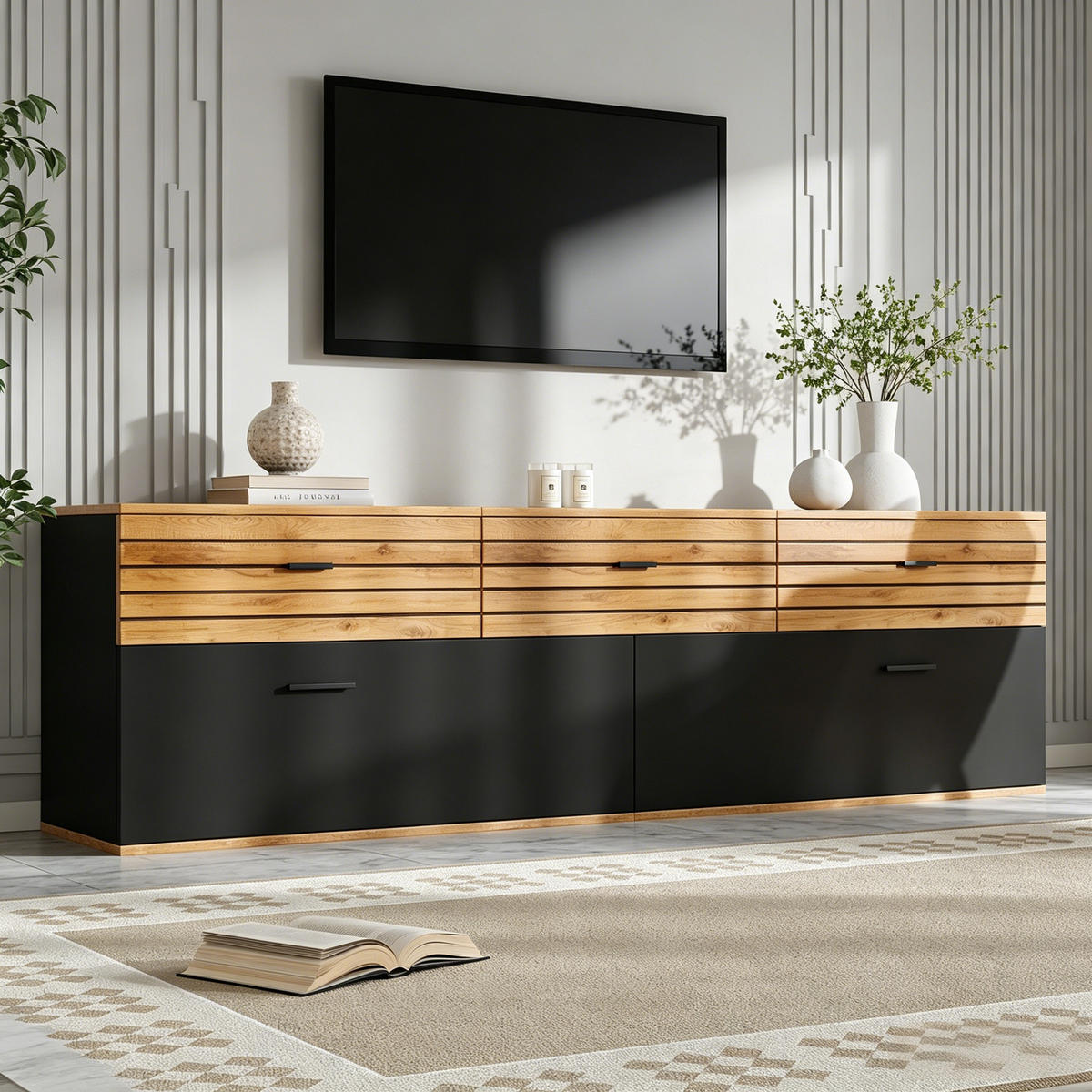 TV-ELEMENT168X38X59CM Holz-Schwarz für 65-Zoll TV mit 3 Schubladen - Naturfarben, Holz (45.01/23.01/68.5cm) - Raelunyi