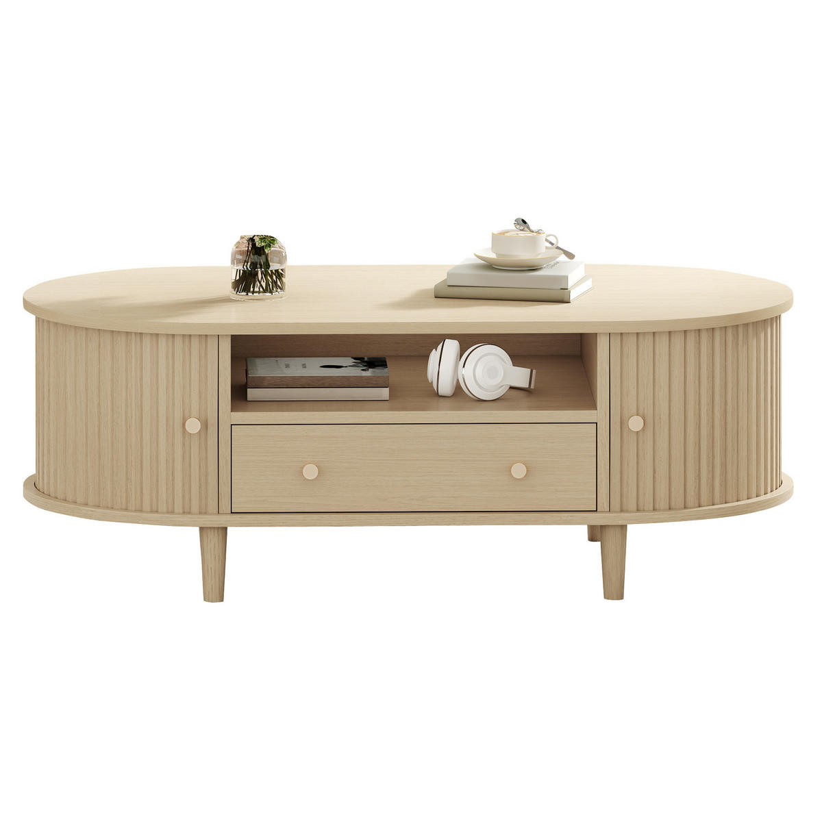KONFERENČNÍ stolek z MDF 100x50x36 cm dubová barva se zásuvkou, roletovými dvířky a otevřeným úložným prostorem - barva dubu, kompozitní dřevo (100/50/36cm) - Modfu