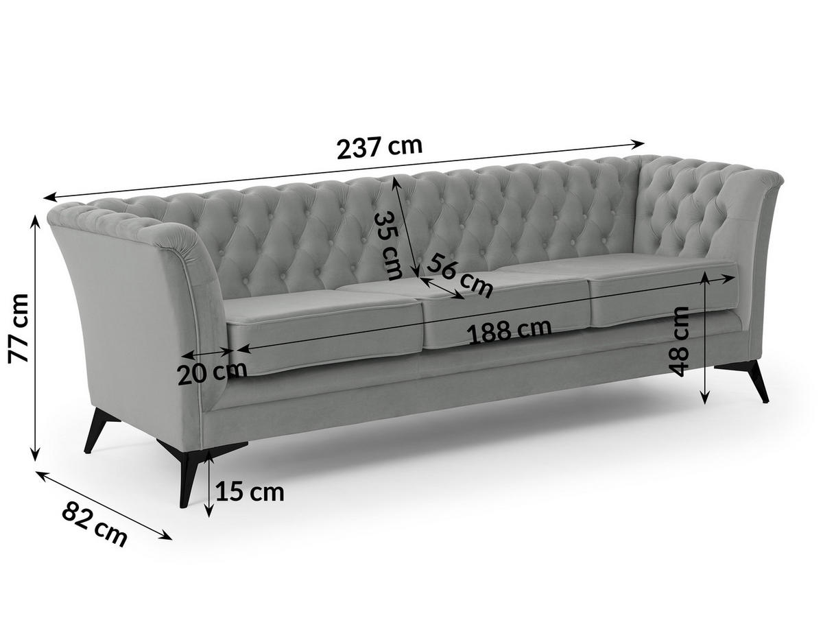CHESTERFIELD-SOFA 3-sitzer Whitby Grau Samt mit schwarzen Füßen - Schwarz/Grau, Holz/Textil (237/78/82cm) - S-Style Möbel
