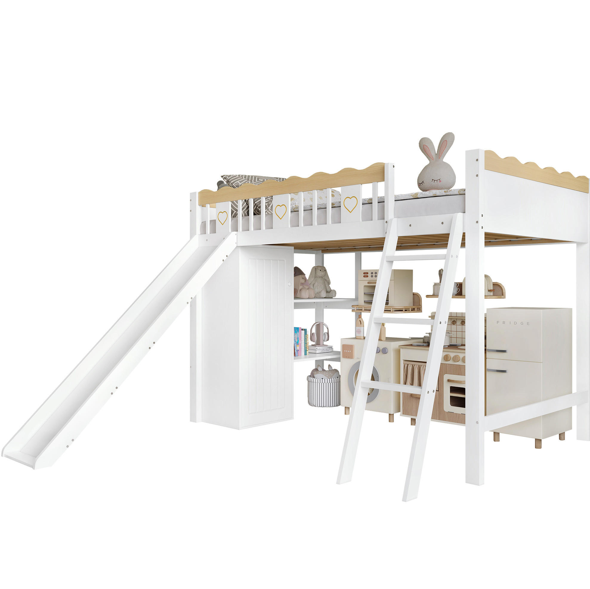 HOCHBETT 90/200 cm Weiß/Natur mit Rutsche und Schrank - Weiß, Holz (90/200cm) - Flora Grace