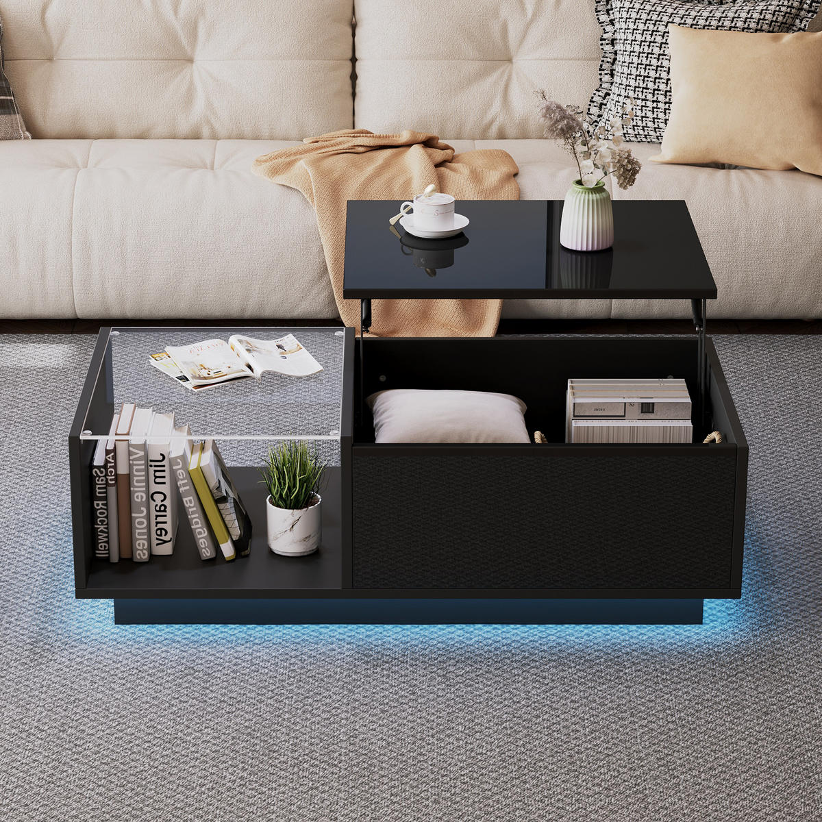 COUCHTISCH aus Spanplatte 100x50x33-46,5 cm in Schwarz mit LED-Beleuchtung - Schwarz, Holzwerkstoff (100/50/46.5cm) - Modfu