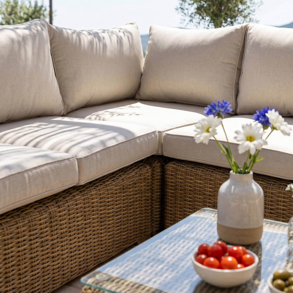 GARTEN-LOUNGEGARNITUR 6-Sitzer, Weiß - Weiß, Naturmaterialien - Oviala
