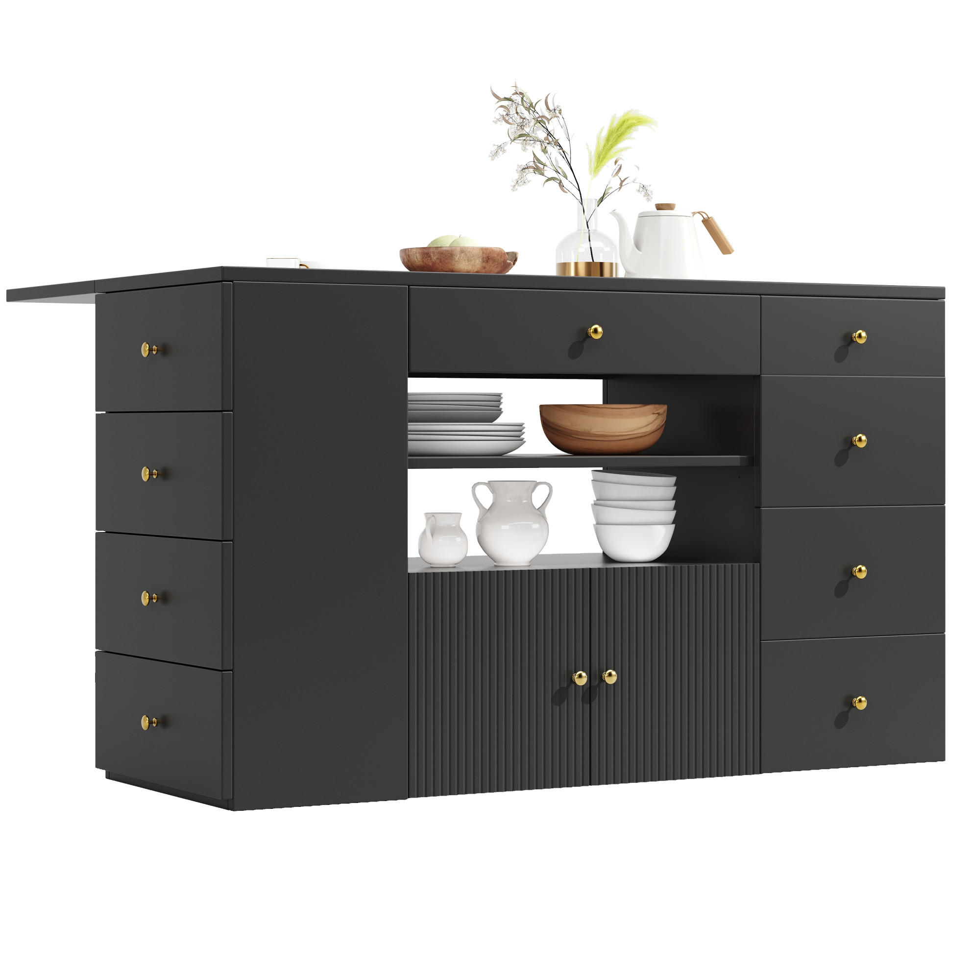 KÜCHENINSEL 140x70x89cm Schwarz mit 6 Schubladen, Hocker & Metallgriffen - Schwarz, Holzwerkstoff (140/89/70cm) - Modfu