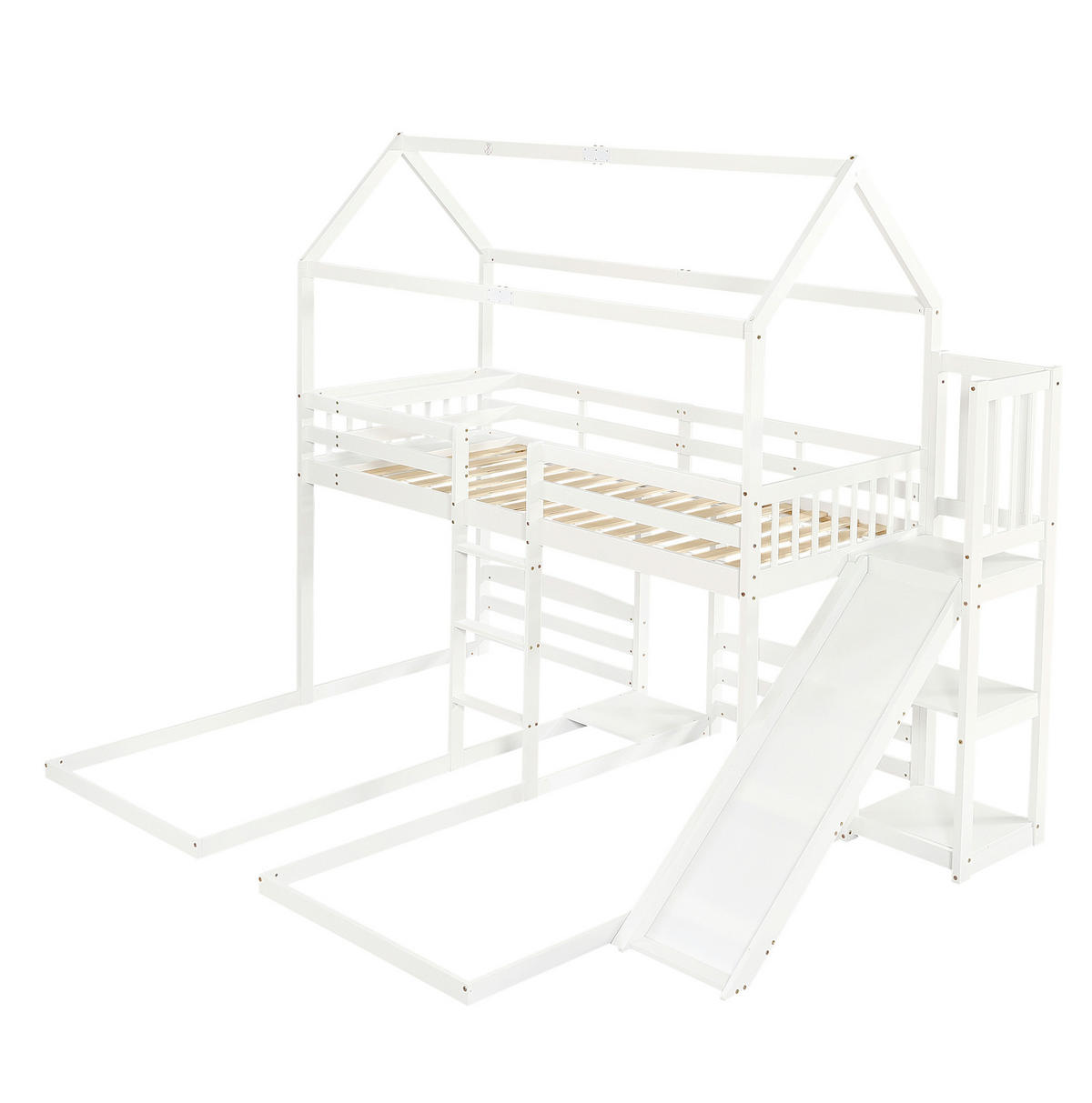 HAUSBETT 90/200 cm Weiß mit Rutsche und Dachdesign, 3 Schlafplätze - Weiß, Holz (90/200cm) - Flora Grace