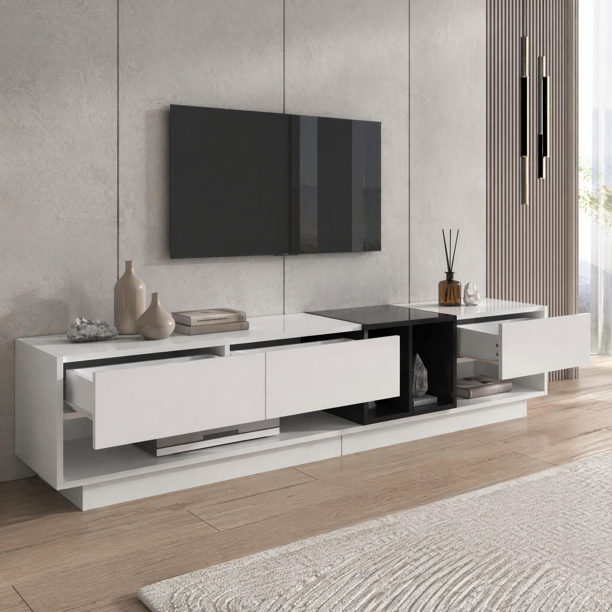 TV STOLEK bílý a černý, zásuvky, otevřené přihrádky, do obývacího pokoje, 190×40×42 cm - bílá, kov/kompozitní dřevo (190/42/40cm) - STILVORA