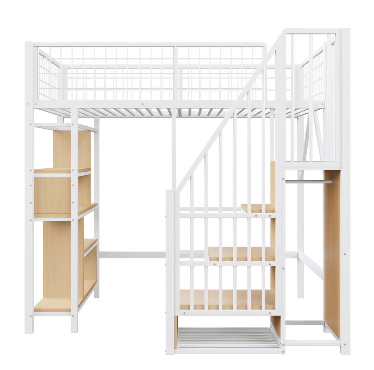 VYSOKÁ postel 90/200 cm bílá kovová se schodišťovým úložným prostorem a s odkládacími plochami - bílá, kov (90/200cm) - OKWISH