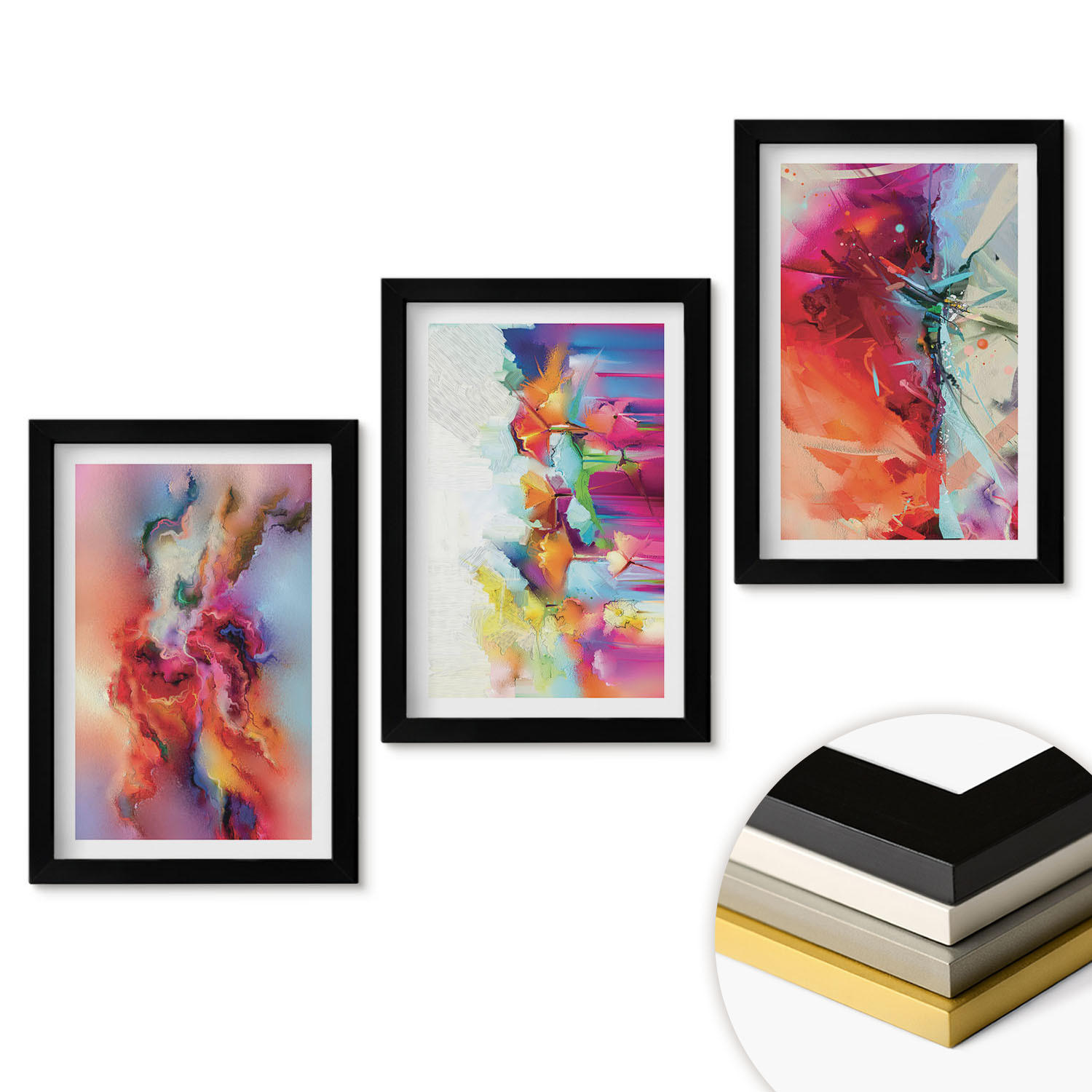 WANDBILDER 3er-Set - 20x30 cm Schwarzer Rahmen - Farbenfrohe Abstraktionen der Form - Schwarz, Kunststoff (20/30cm) - ArtPrintCave