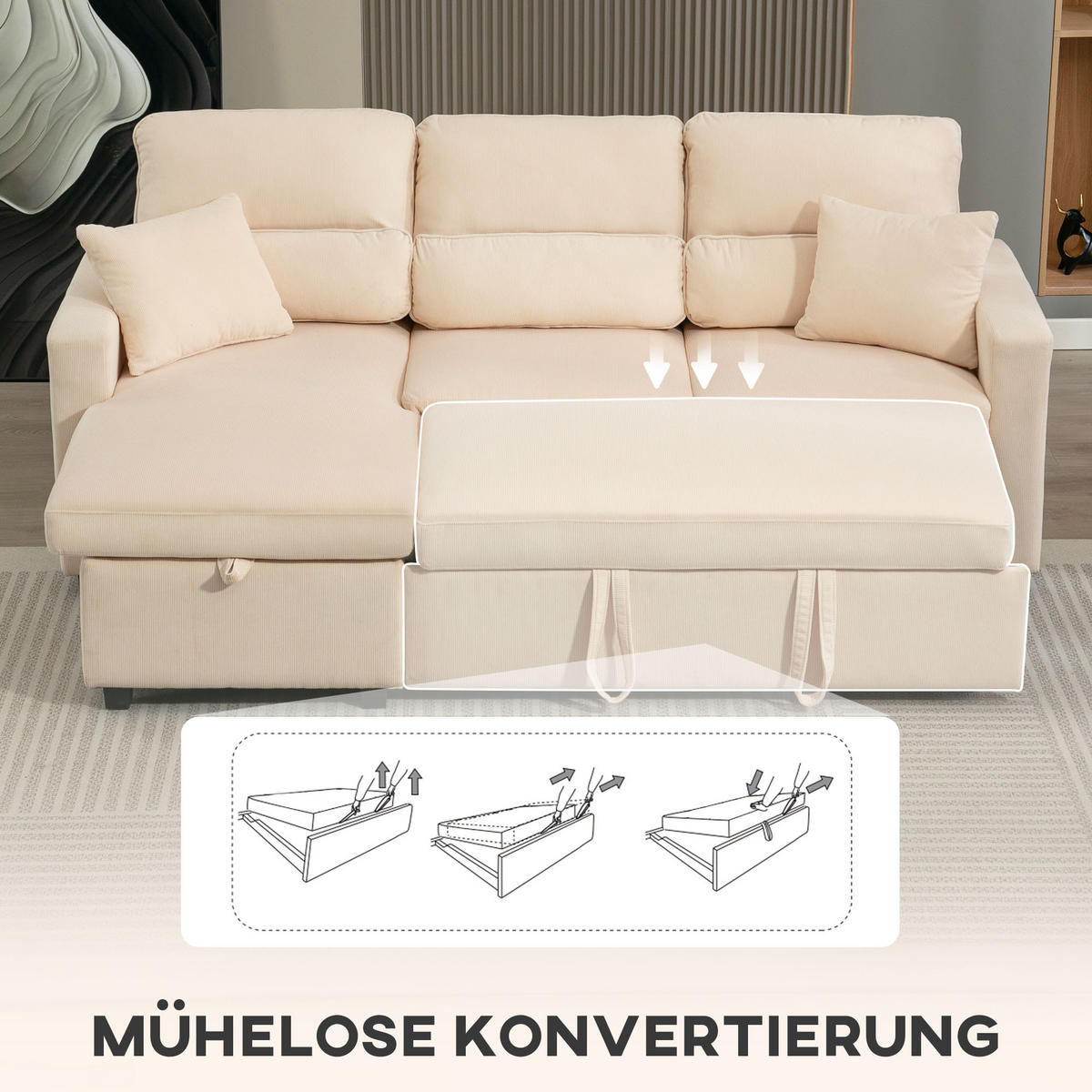 BETTSOFA Verstellbares Gästesofa mit Bettfunktion Stauraum und Kissen - Beige/Schwarz, Kunststoff/Textil (135/205cm) - HOMCOM