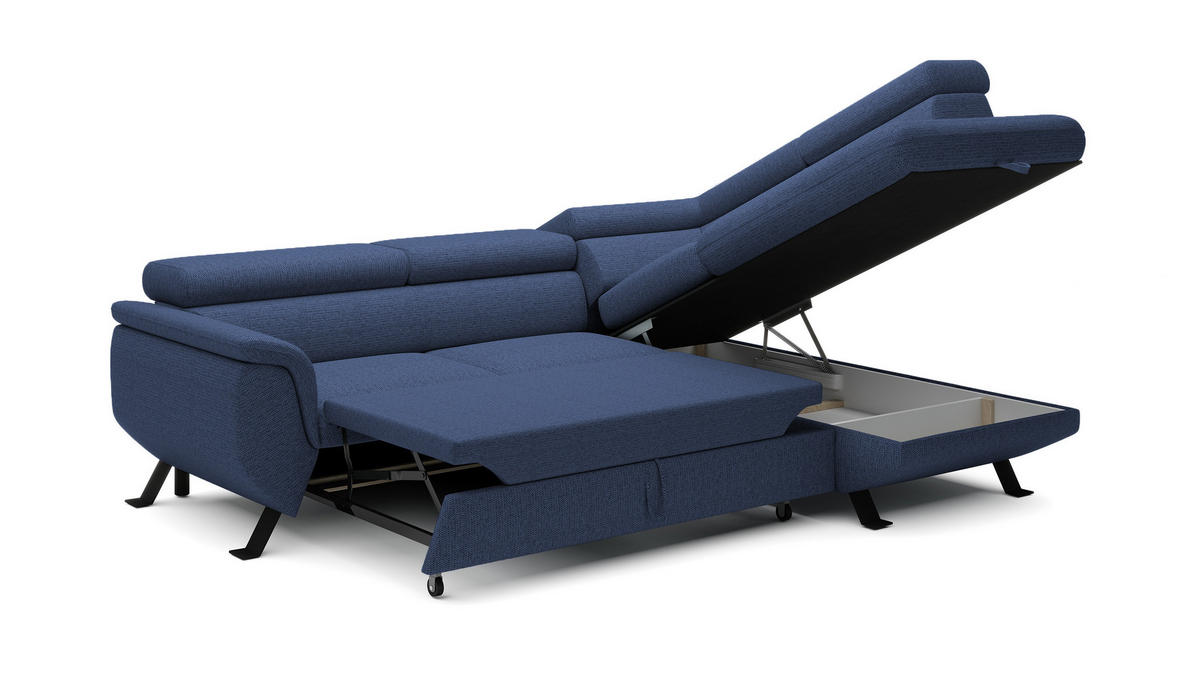 ECKSOFA Raven L mit Schlaffunktion und Bettkasten, Freistehend, Polstersofa mit Verstellbaren Kopfstützen, 257x198x96 cm – Rechte, Blau - Blau, Holz/Textil (256/198cm) - DomoHome