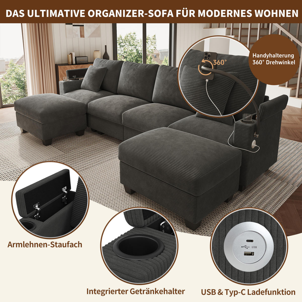WOHNLANDSCHAFT 275.5/139/87 cm Grau mit Schlaffunktion, Handyhalter und USB-Ladeanschluss - Grau, Textil (275.5/87/139cm) - Oxeza