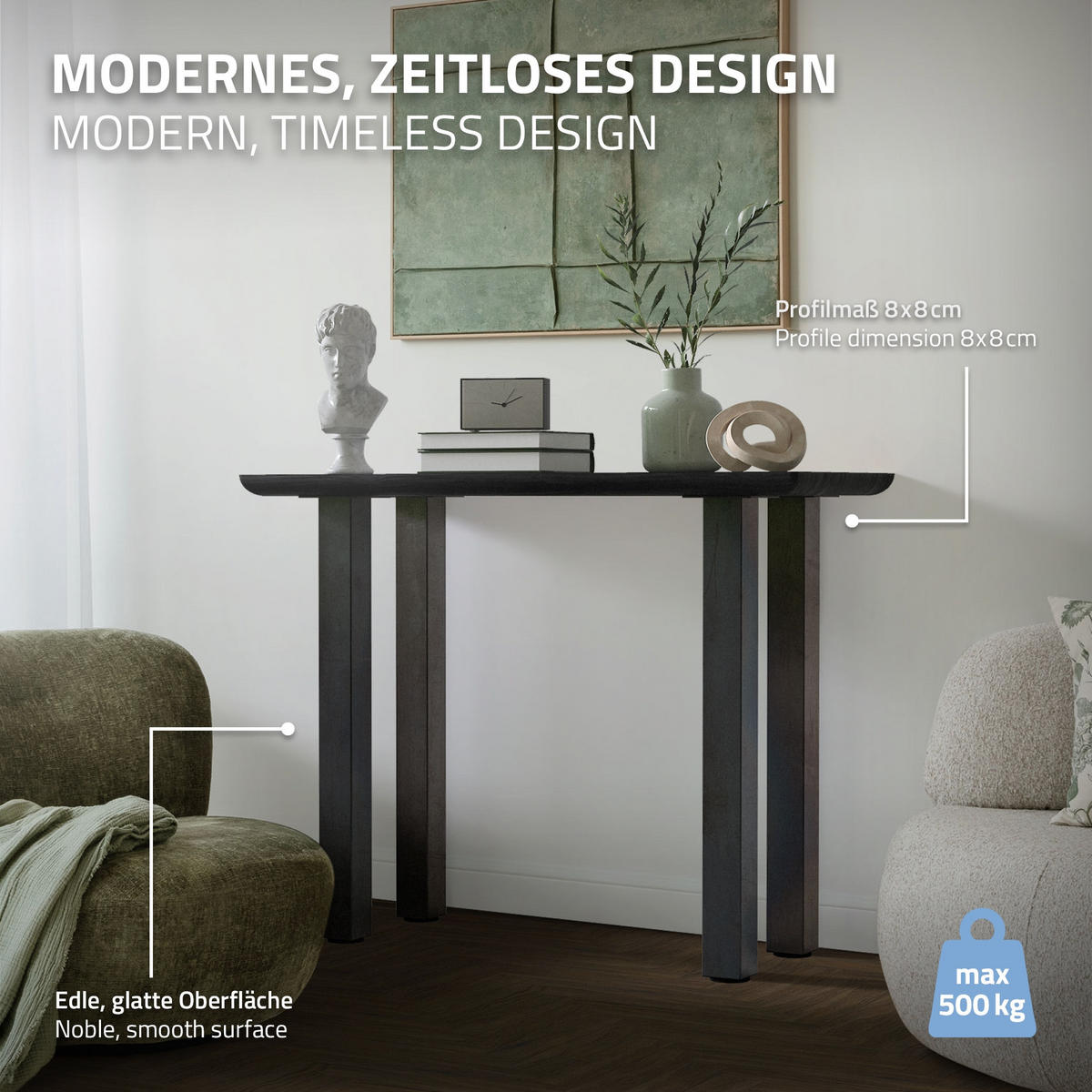 TISCHBEINE 4er Set I-Design H:90 cm Industrial 8x8 cm - Dunkelgrau, Metall (14/90/14cm) - ML-DESIGN