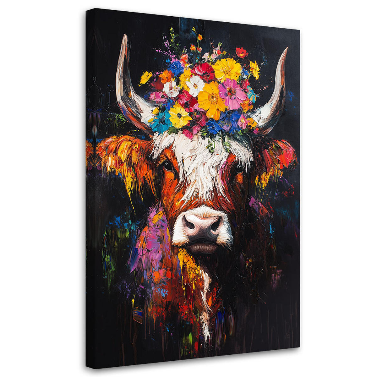LEINWANDBILD Schottische Kuh mit Blumen auf dem Kopf - Multicolor, Textil (80/120cm) - Feeby