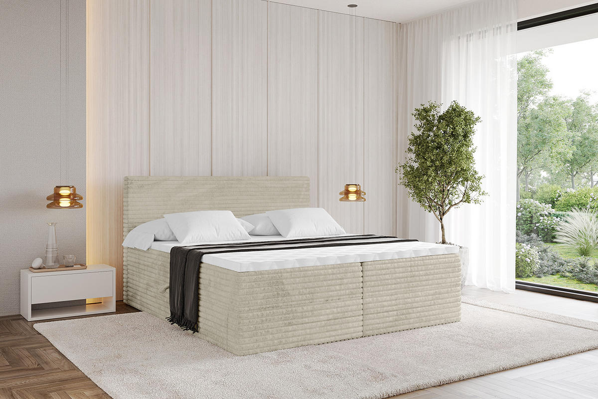 BOXBETT mit Matratze H4 und Lattenrost - TOLO-v1 - 200x200 Cord - Creme - Champagner, Holzwerkstoff (200/200cm)