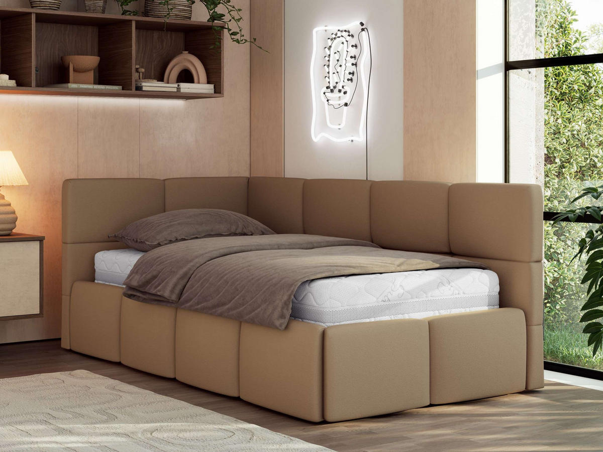 JUGENDBETT ARVO 90/200 - Braun Kunstleder - Multipocket-Matratze - Links Seite - Braun, Textil (90/200cm) - MKS