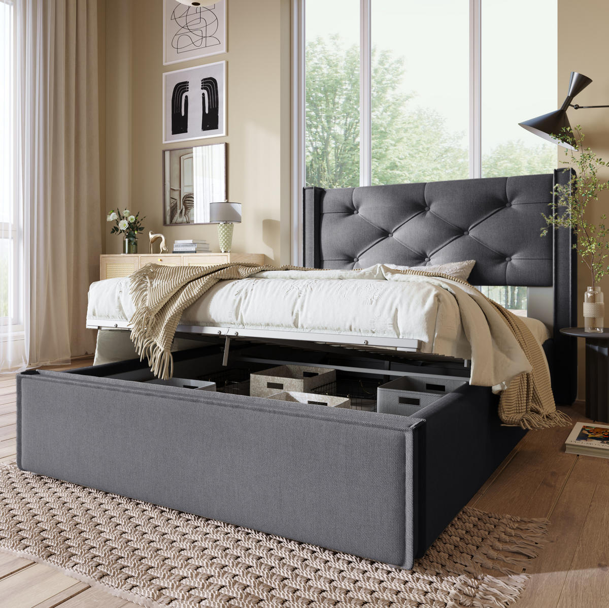 POLSTERBETT mit Bettkasten 90/200 cm in Grau mit gepolstertem Kopfteil - Grau, Textil (90/200cm) - BEAOK