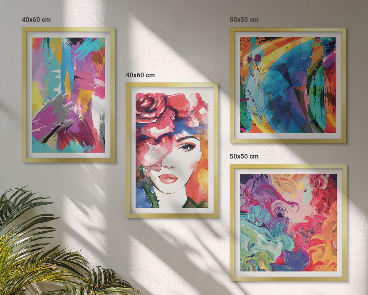 BILDER SET 4er Set - 50x50 cm & 40x60 cm Goldrahmen - Farbenfrohes abstraktes Porträt - Goldfarben, Kunststoff (50/50cm) - TULUP