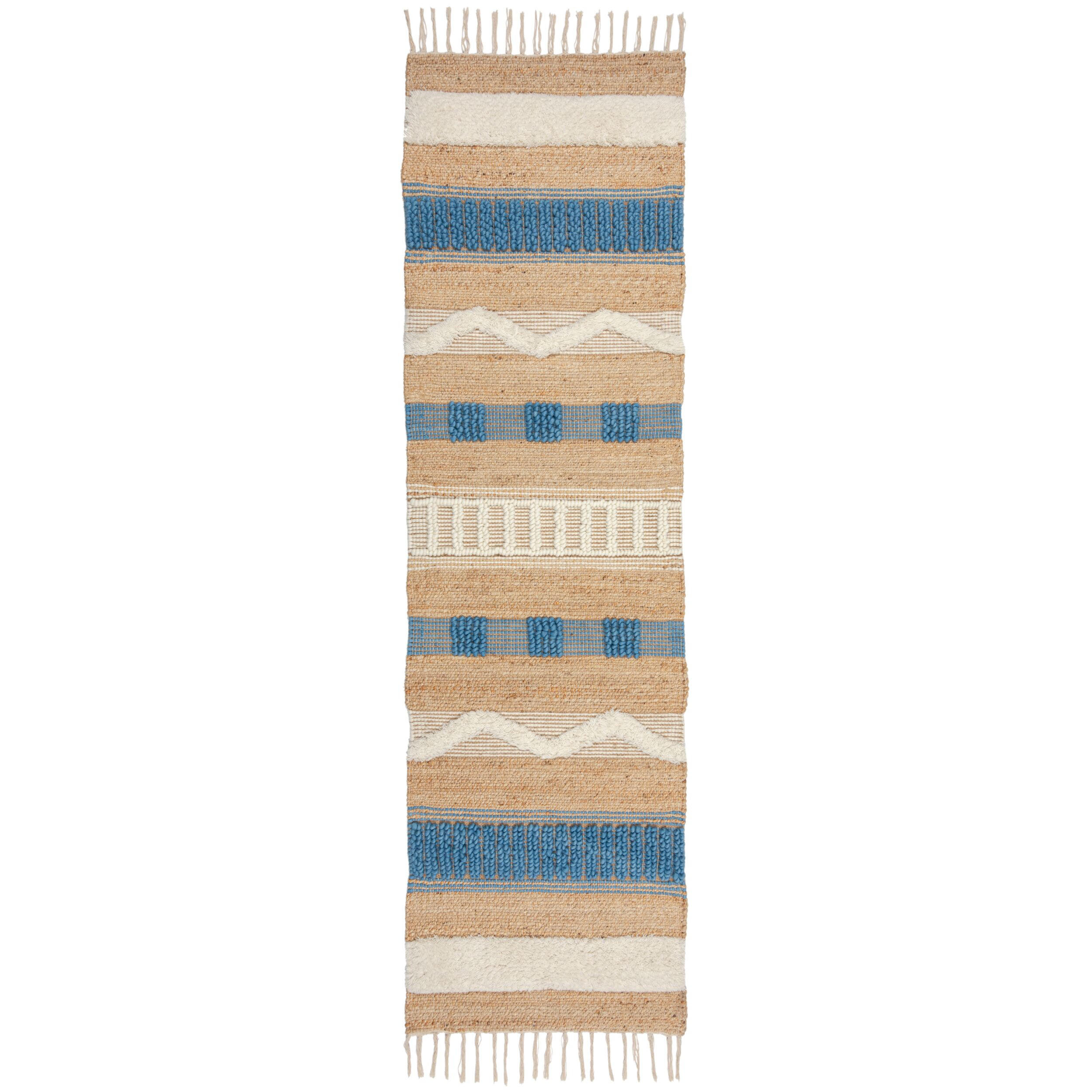 JUTETEPPICH handgewebt mit Fransen WHARFE, im Ethno-Stil, Natur-Blau, 60 x 230 cm - Blau, Textil (60/230cm) - KADIMA DESIGN