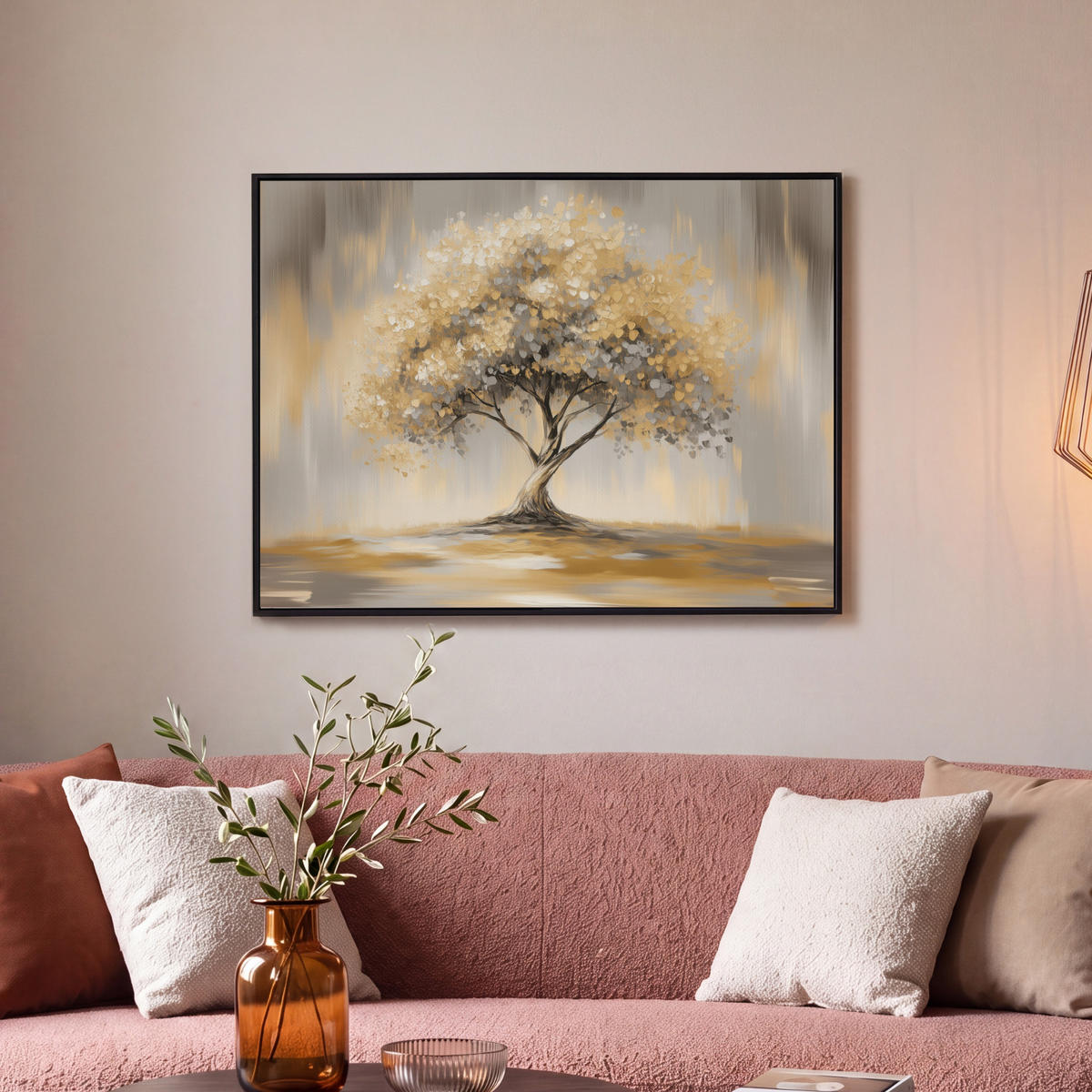 LEINWAND Bilder mit Rahmen - Gemälde - Baum - Abstrakt - Blätter - 70x50 - Beige, Textil (70/50cm) - MuchoWow